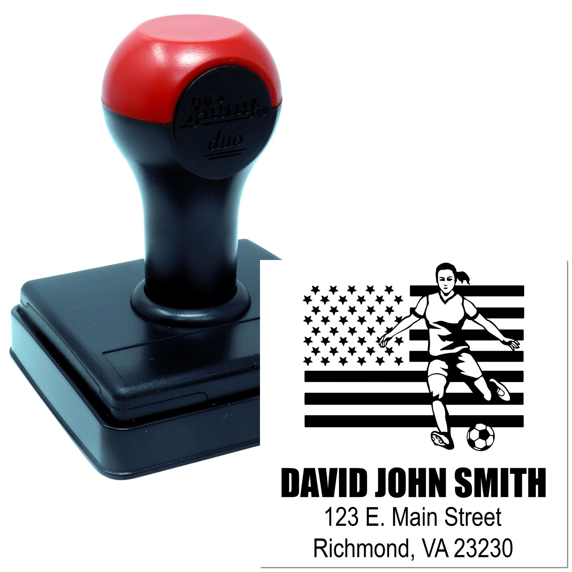 Custom self-inking rubber stamp with soccer player design, name, and address for personalized mailing and branding.