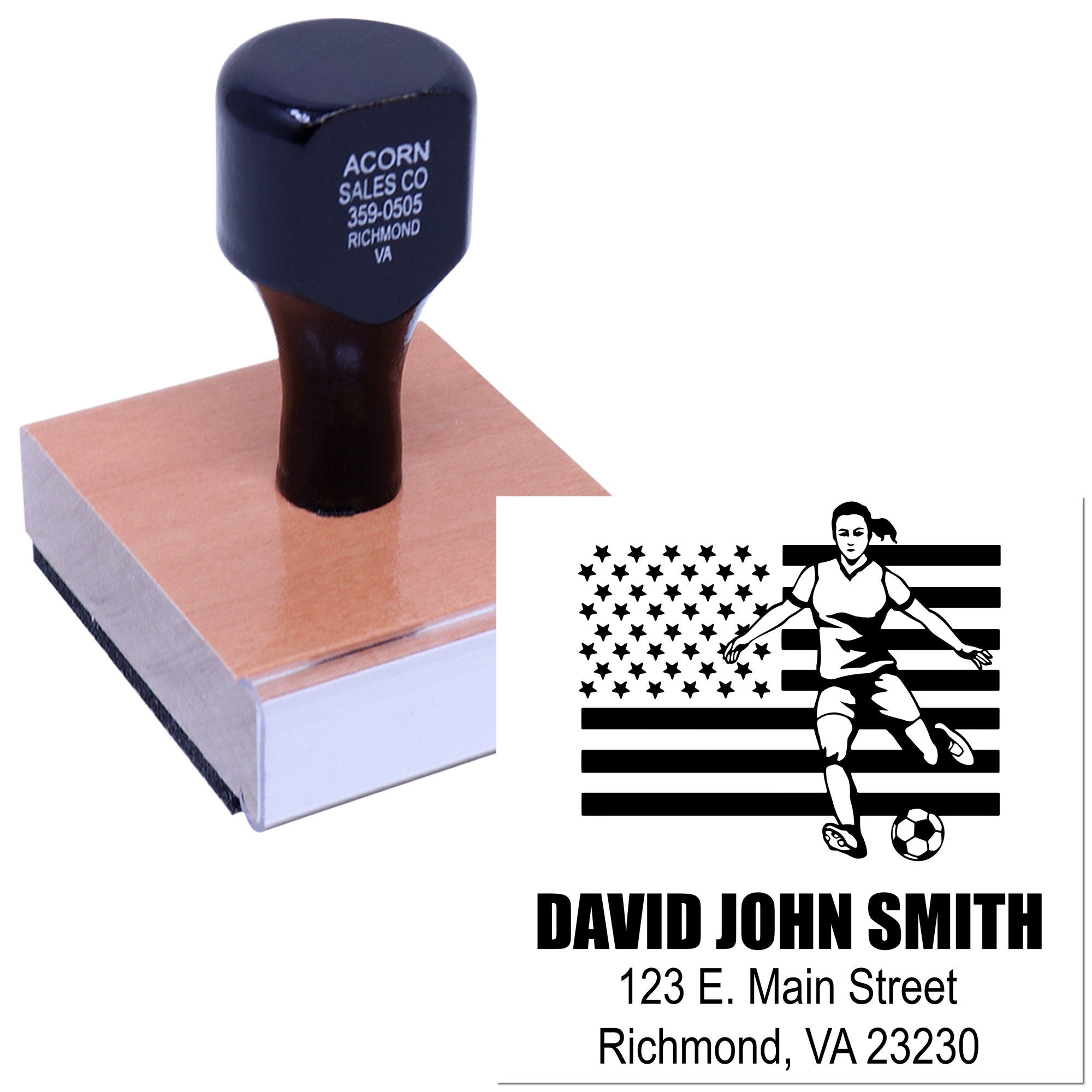 Custom rubber stamp with personalized soccer player design, name, and Richmond, VA address for business or event branding.