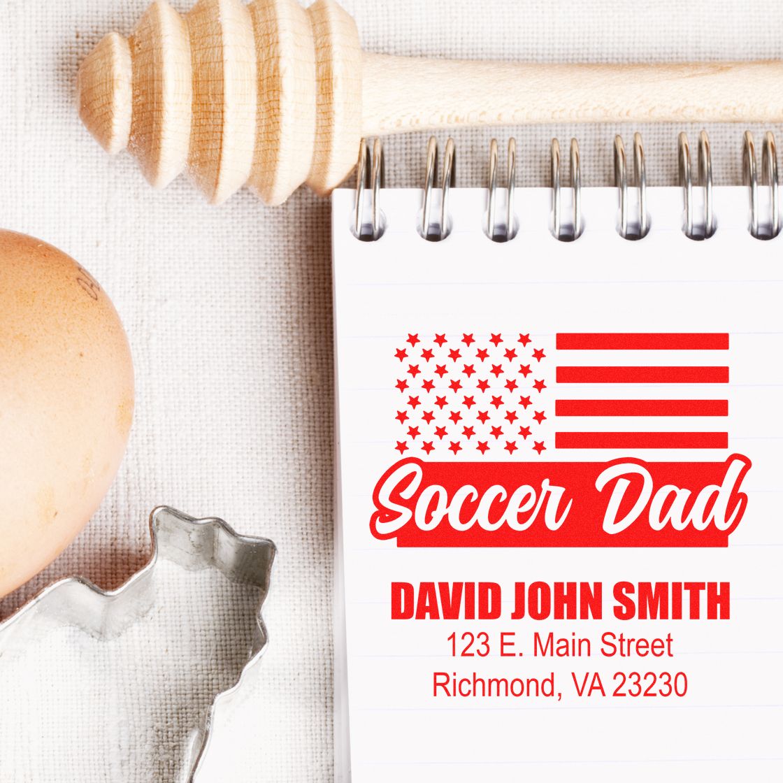 Custom Soccer Dad return address rubber stamp with American flag design and personalized name and address.