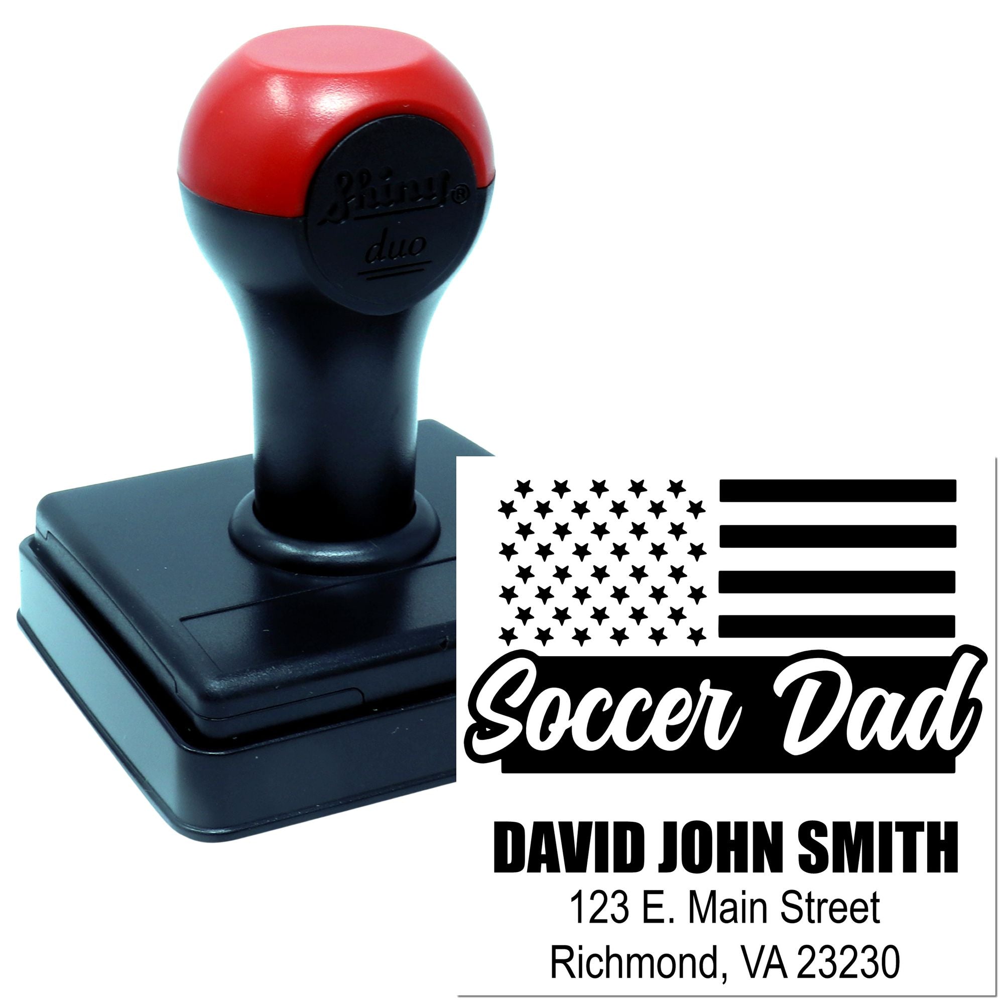 Custom self-inking rubber stamp with Soccer Dad design and return address for personalized mailing and sports fan gifts.