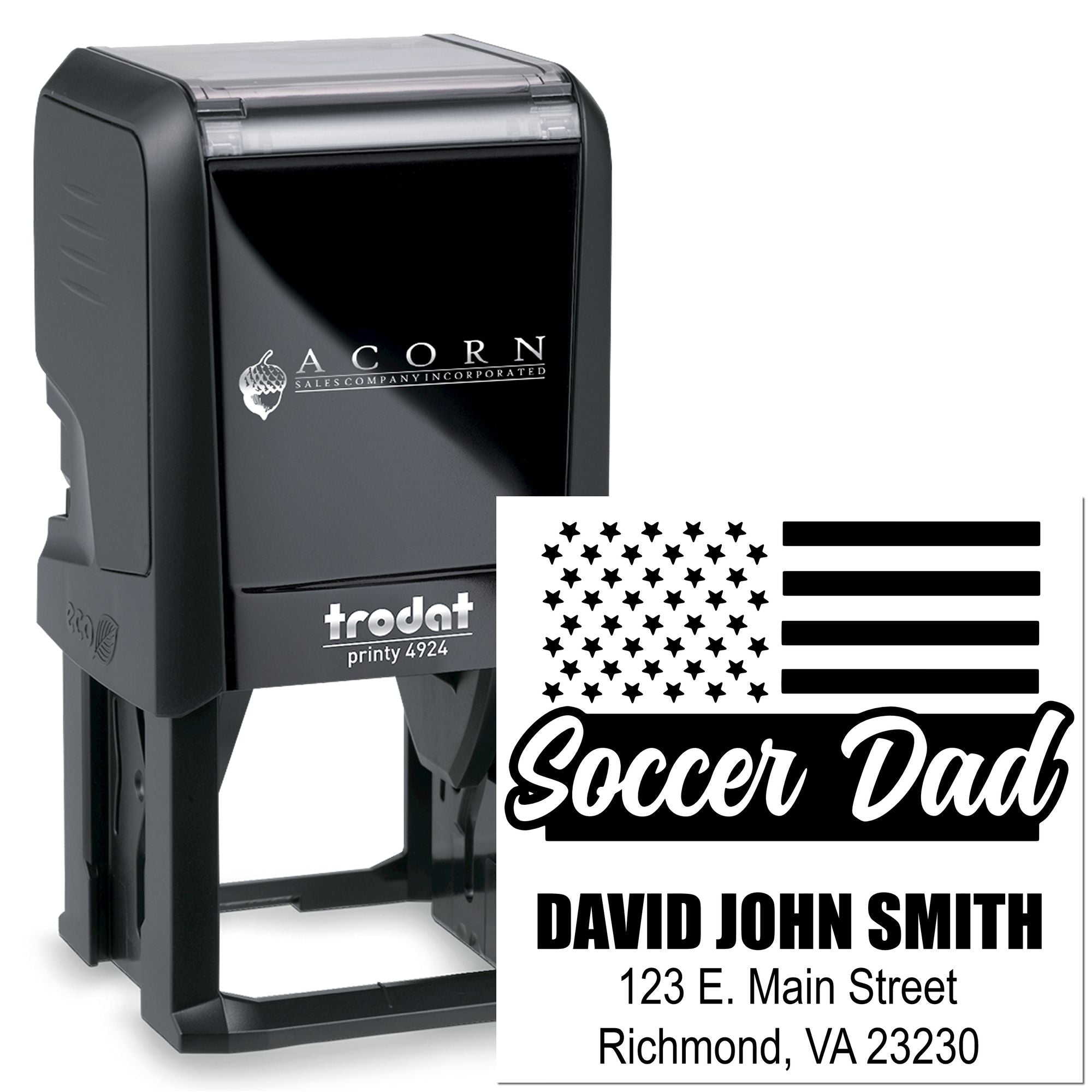 Personalized self-inking rubber stamp for Soccer Dad with name and address, Trodat Printy 4924 return address stamp