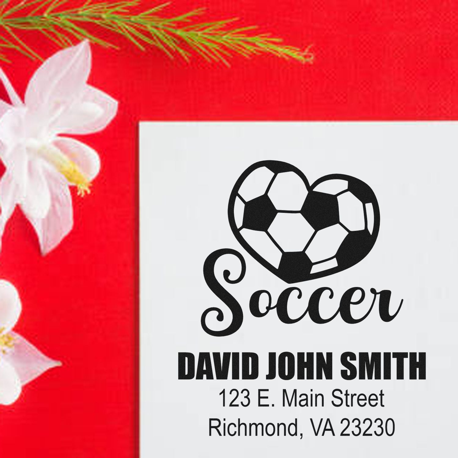 Custom soccer rubber stamp with heart ball logo, name, and address for personalized return address use.