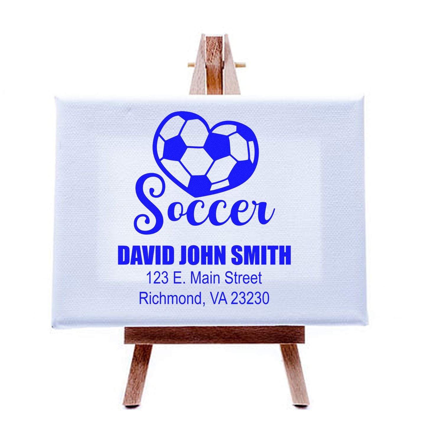 Personalized soccer rubber stamp with heart ball design, name, and address for custom stationery, team gifts, and branding.