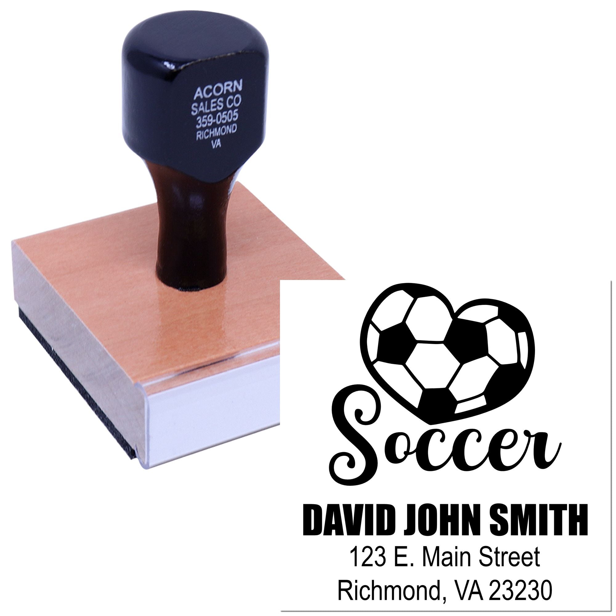 Custom soccer rubber stamp with personalized name and address imprint for sports fans.
