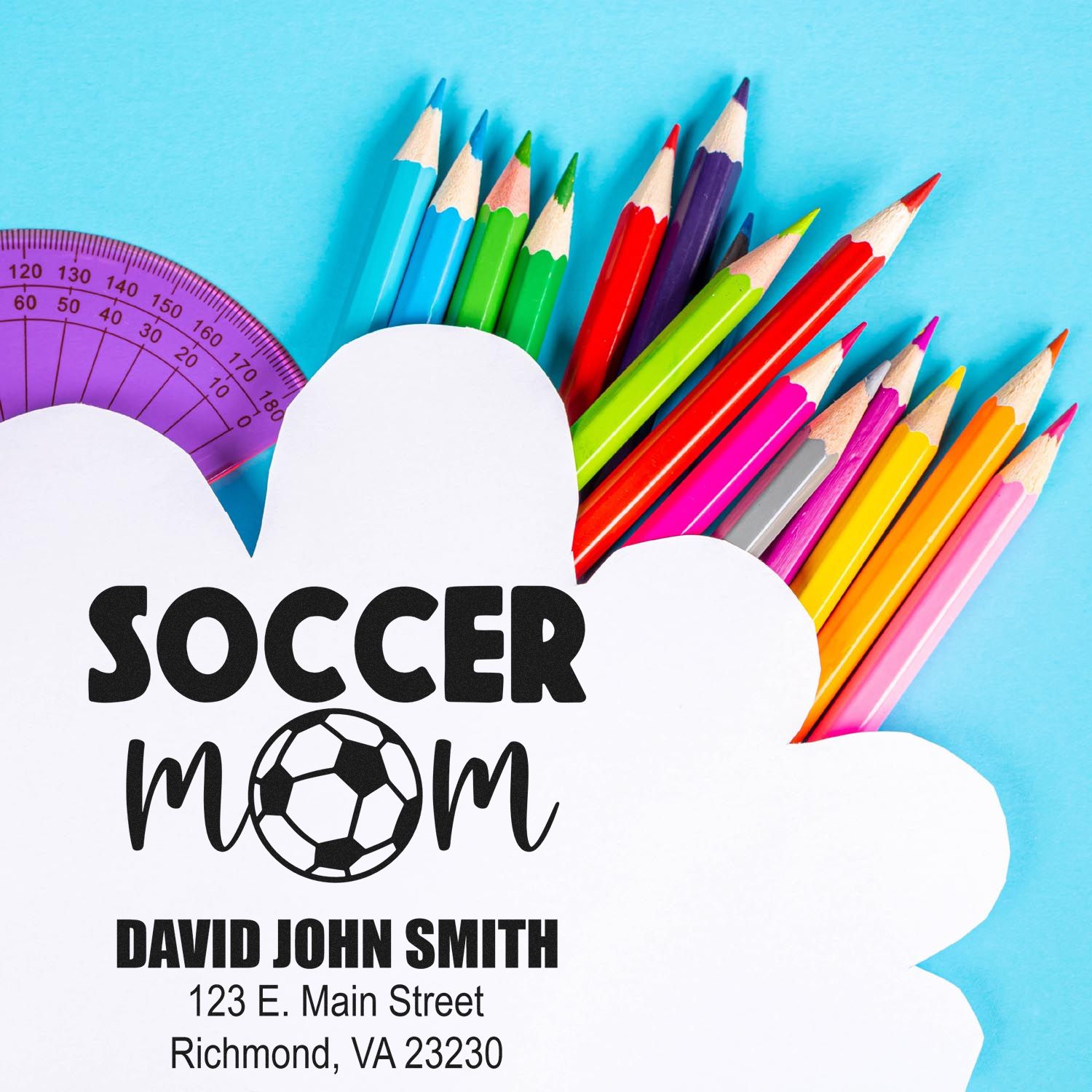 Custom soccer mom rubber stamp with soccer ball design, personalized name, and return address for school and sports mailing.