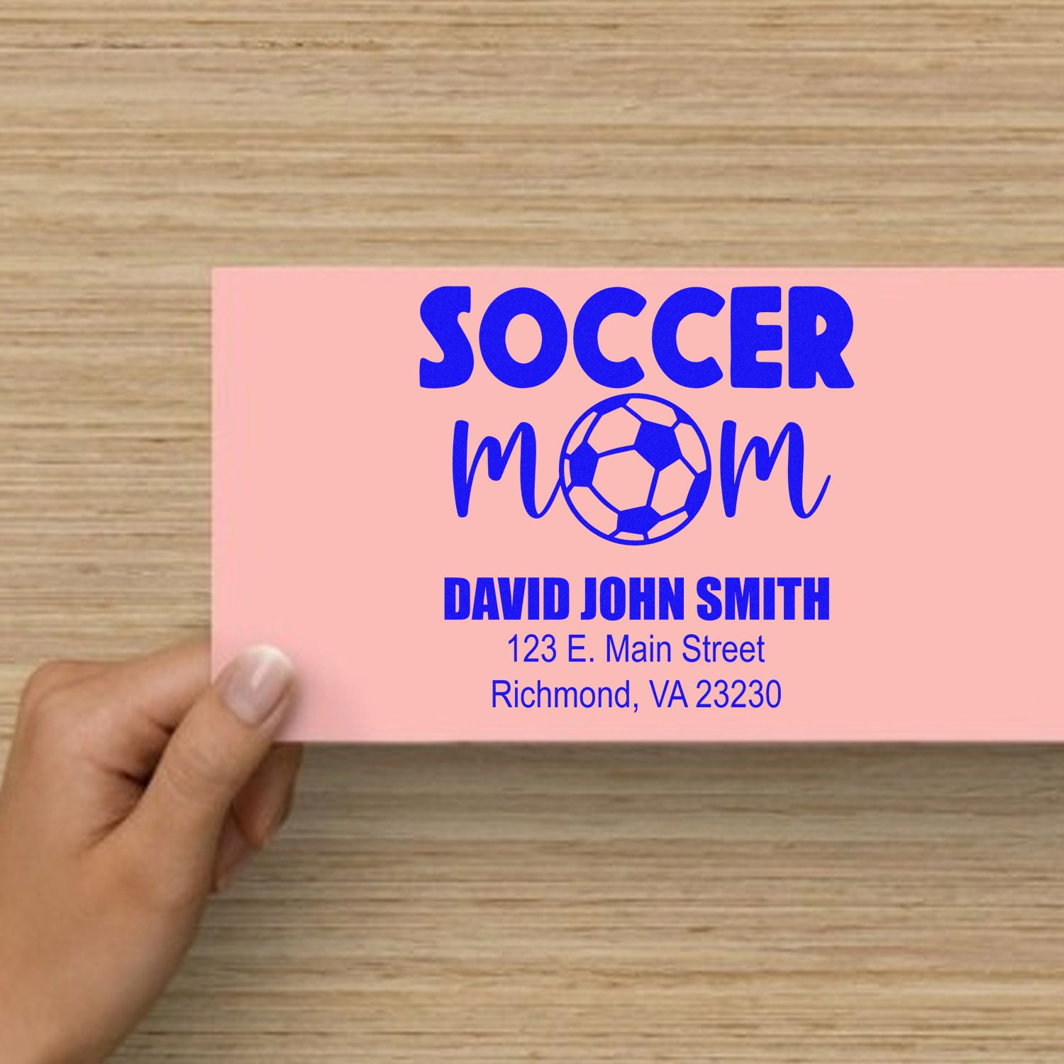 Custom soccer mom address rubber stamp with soccer ball design for personalized stationery, return addresses, and crafts.