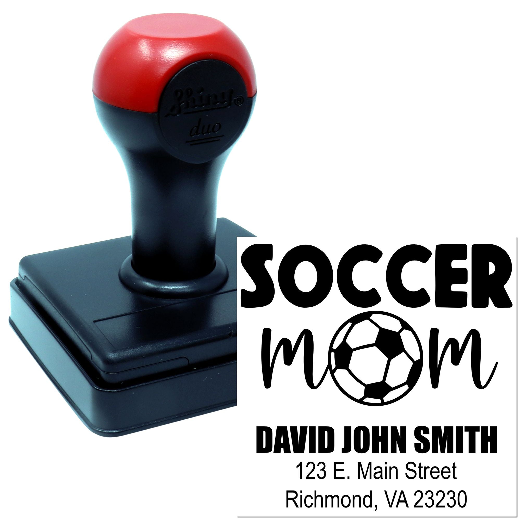 Custom self-inking rubber stamp for soccer mom, featuring personalized name, address and soccer design.