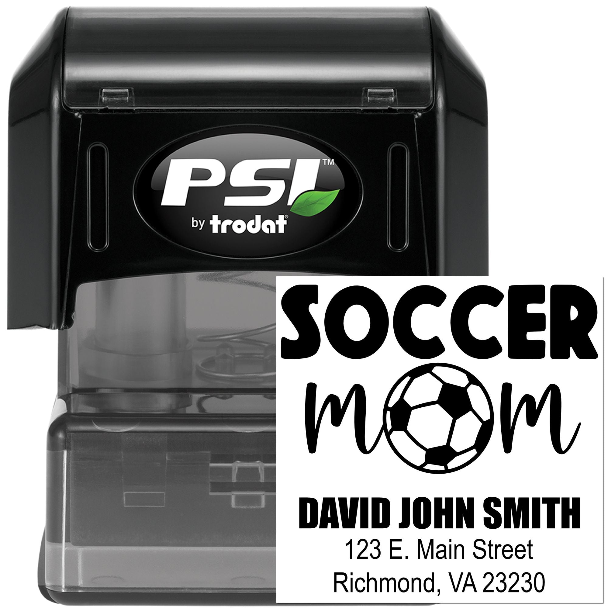 PSI by Trodat self-inking custom rubber stamp with soccer mom design, David John Smith, and Richmond, VA address.
