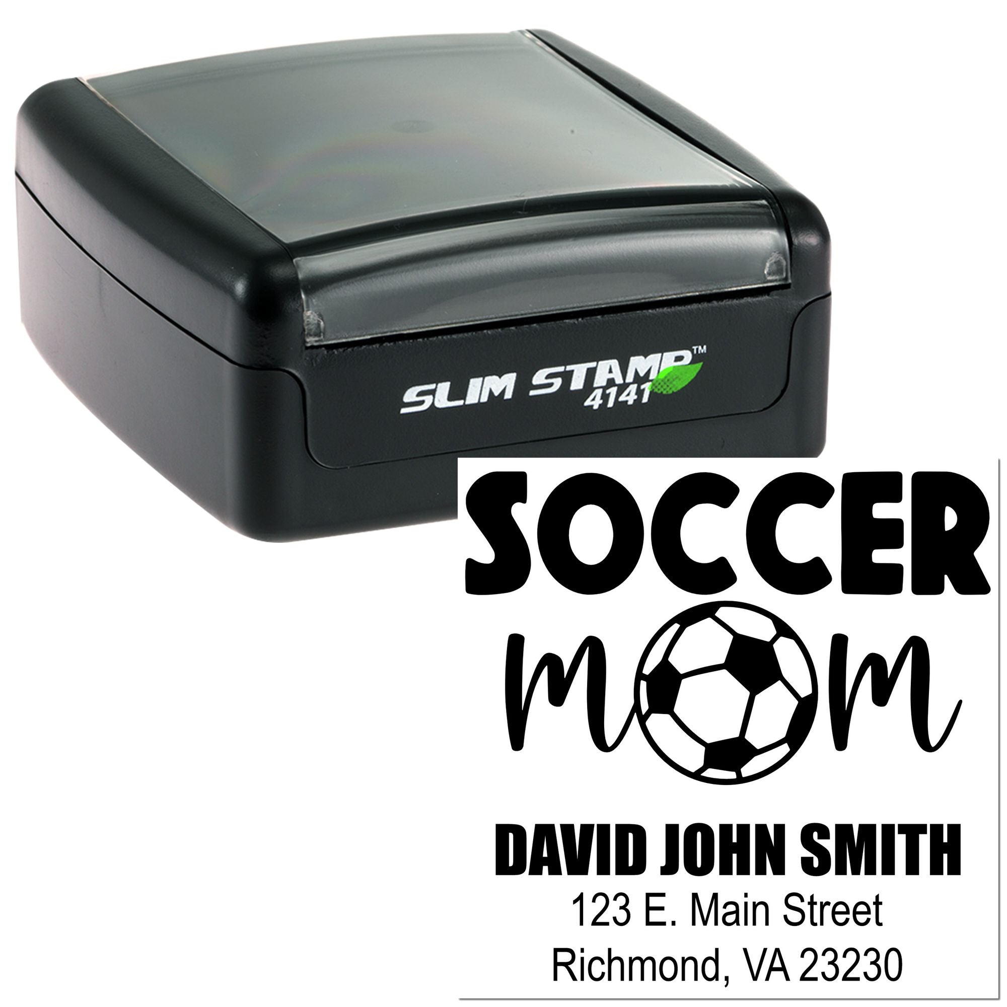 Custom self-inking rubber stamp for Soccer Mom return address design with soccer ball, name, and Richmond, VA details.