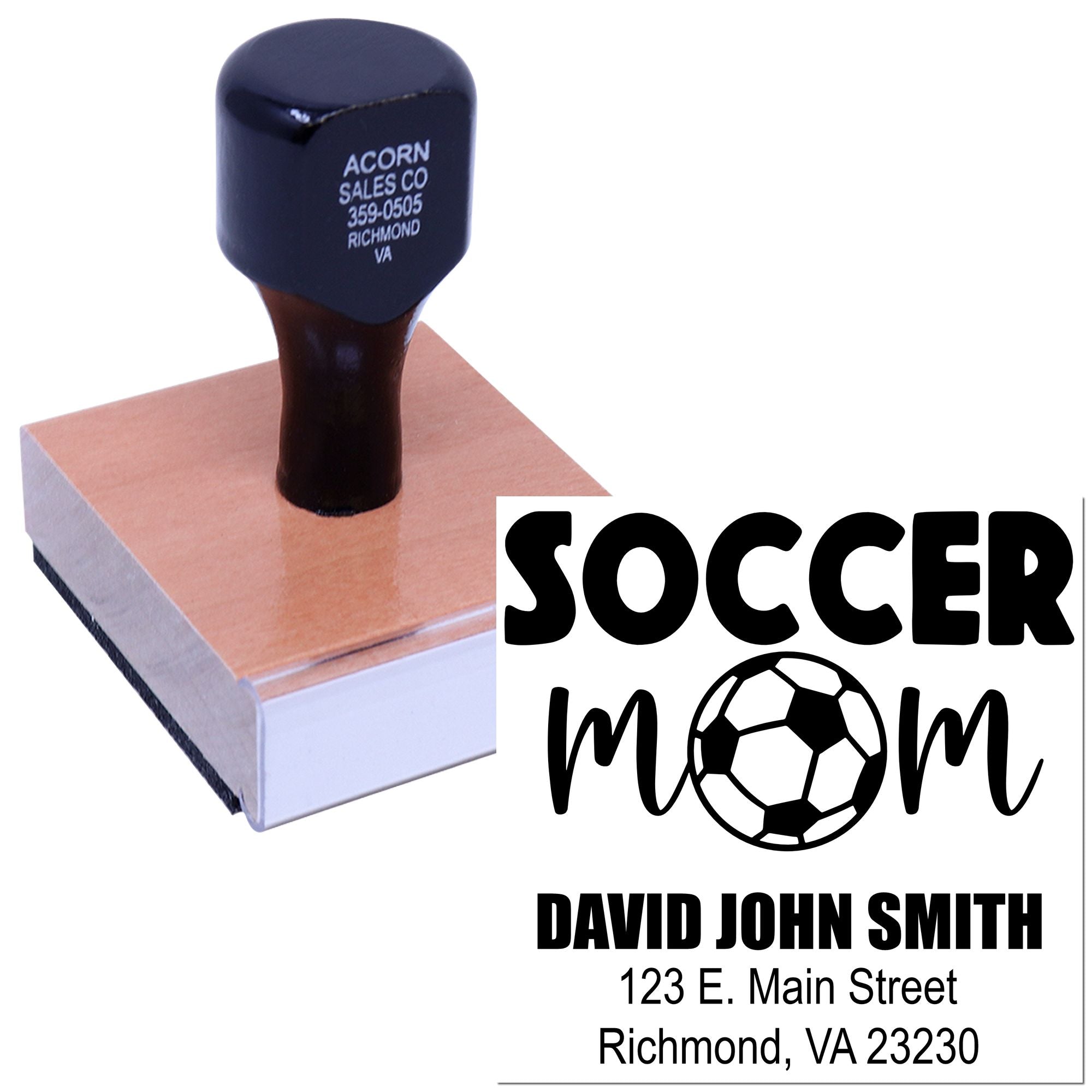 Custom soccer mom rubber stamp with personalized name and address for mailing, crafts, and sports-themed gifts.