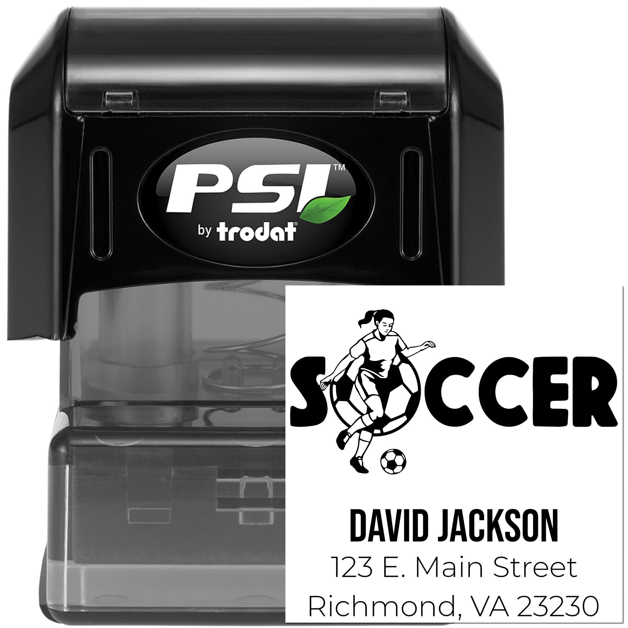 Custom soccer self-inking rubber stamp by PSI Trodat with personalized name and address imprint.