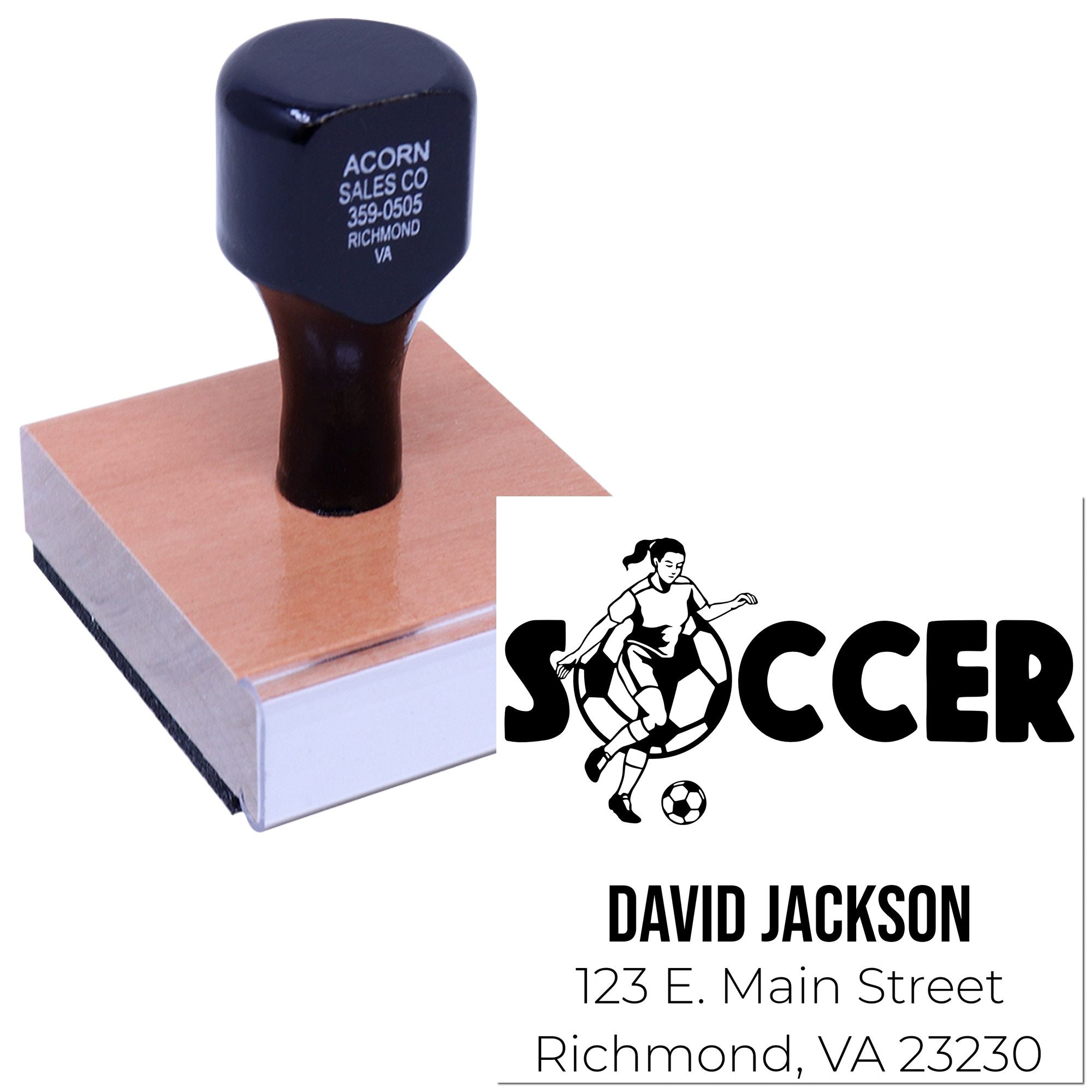 Custom rubber stamp with soccer return address design and logo, ideal for personalized business or sports mailings.