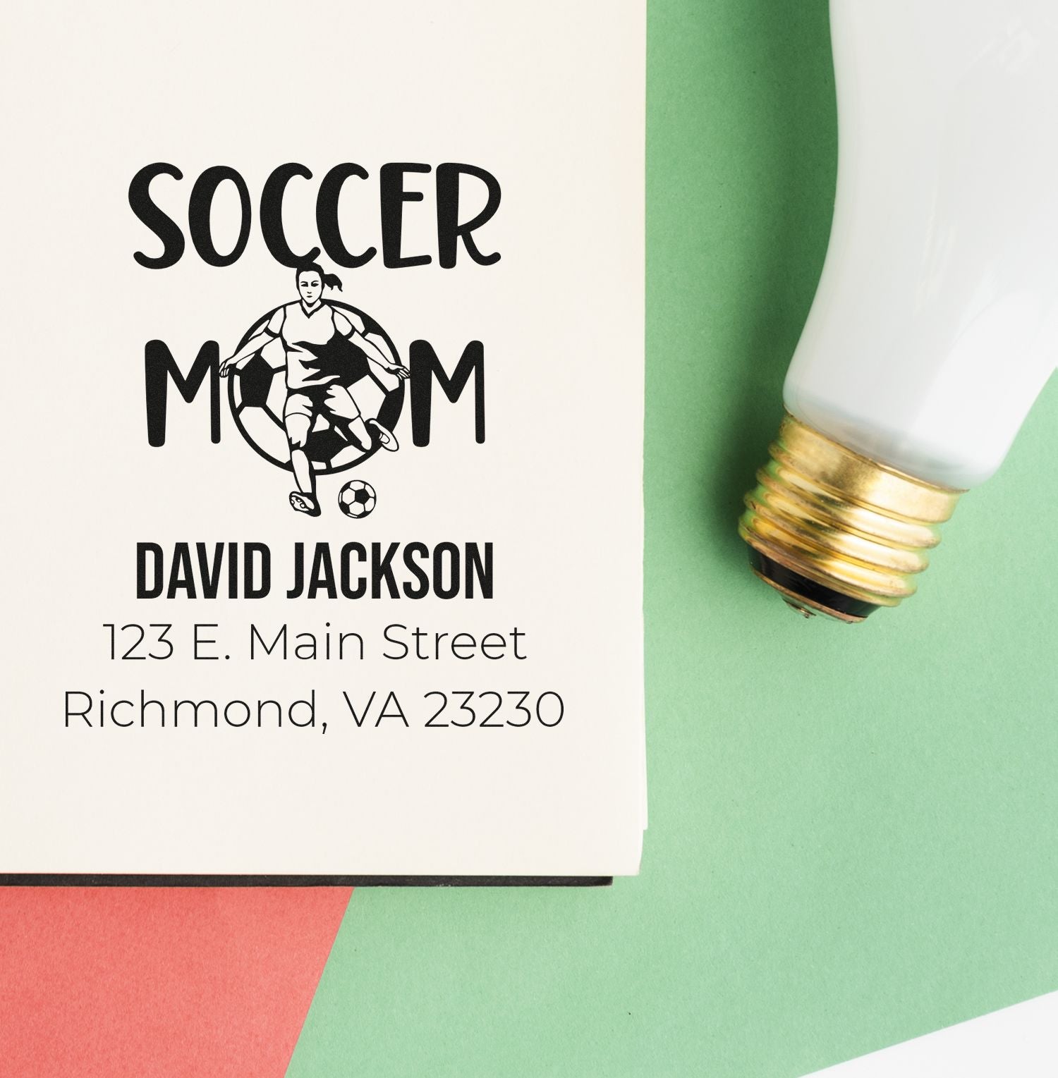Custom Soccer Mom address rubber stamp with soccer design, name, and Richmond, VA address for personalized stationery.