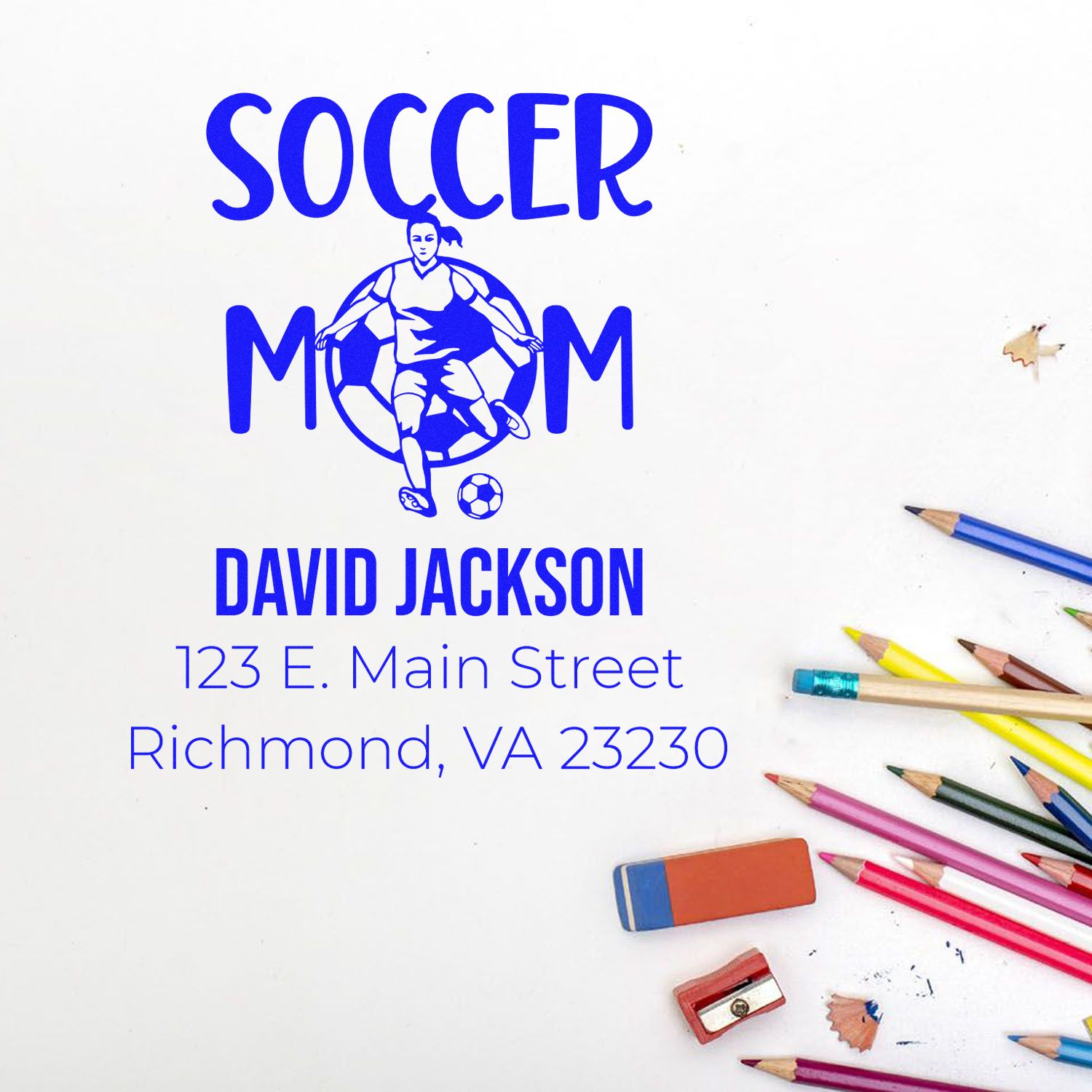 Custom soccer mom rubber stamp with player artwork, David Jackson name, and return address for personalized stationery.