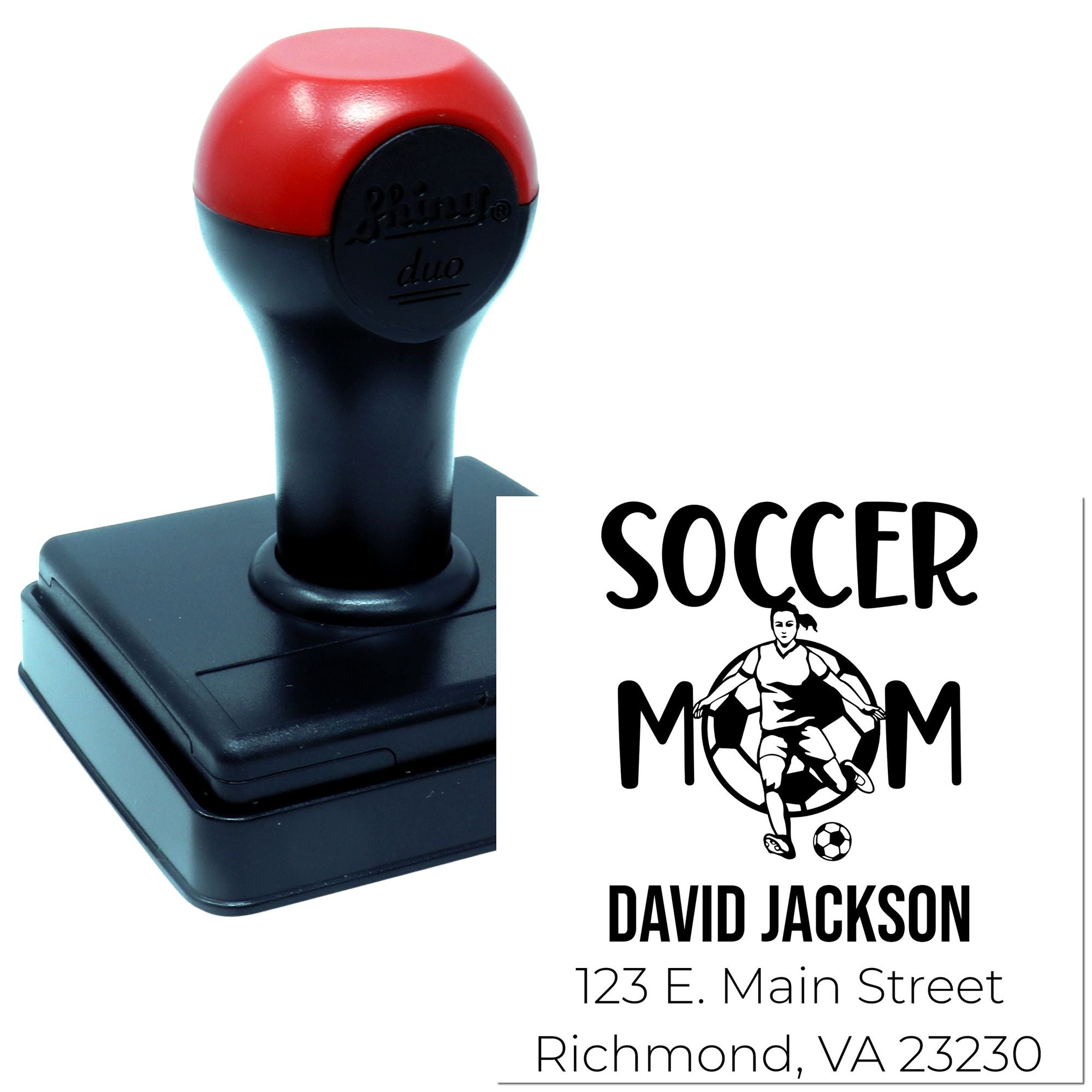 Custom self-inking rubber stamp for soccer mom, featuring personalized name and address for mailing and crafts.