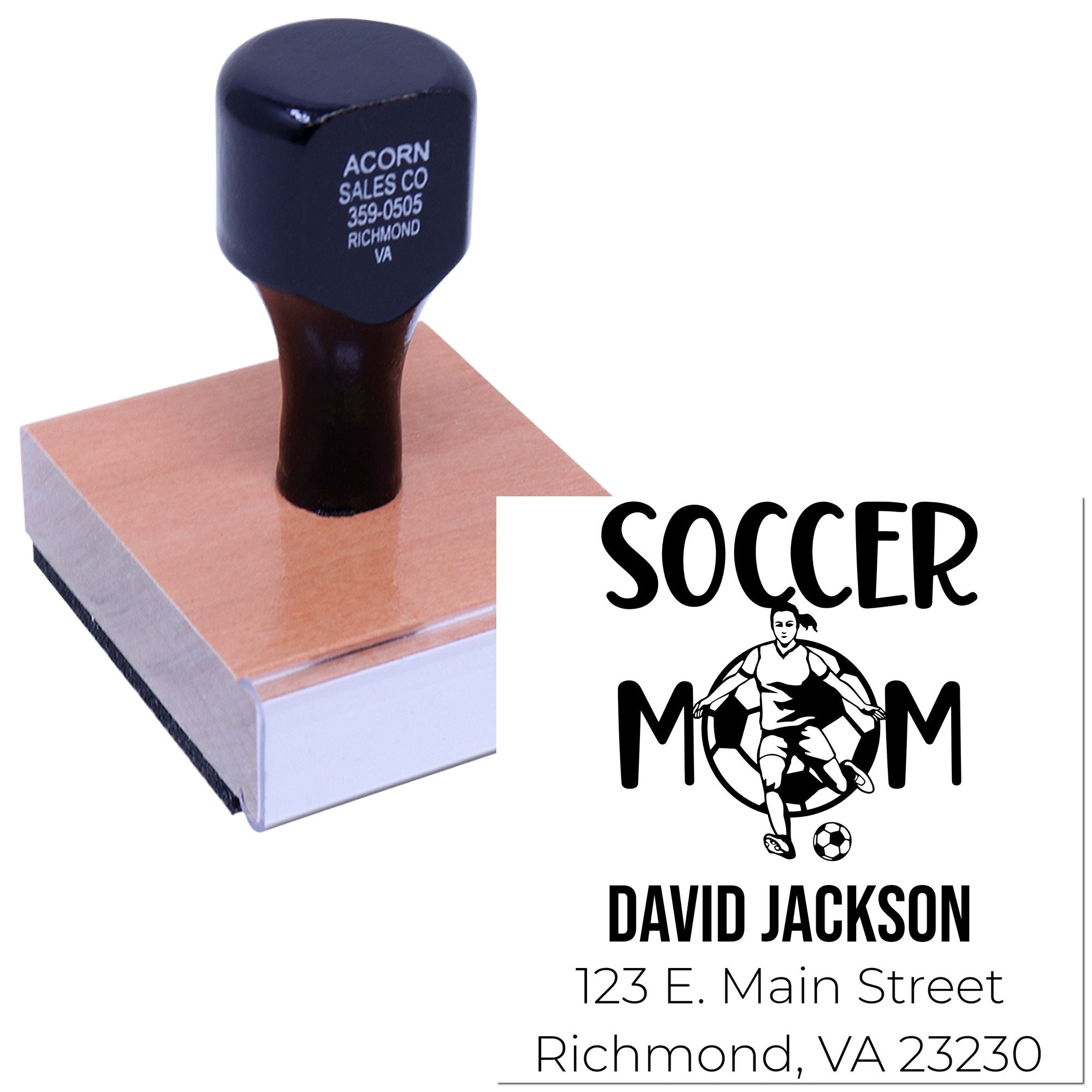 Custom soccer mom return address rubber stamp with name, street, city and ZIP for personalized mailing.