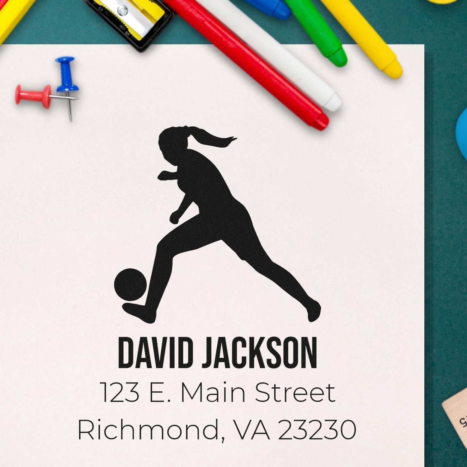 Custom soccer player return address rubber stamp with personalized name and Richmond, VA mailing address
