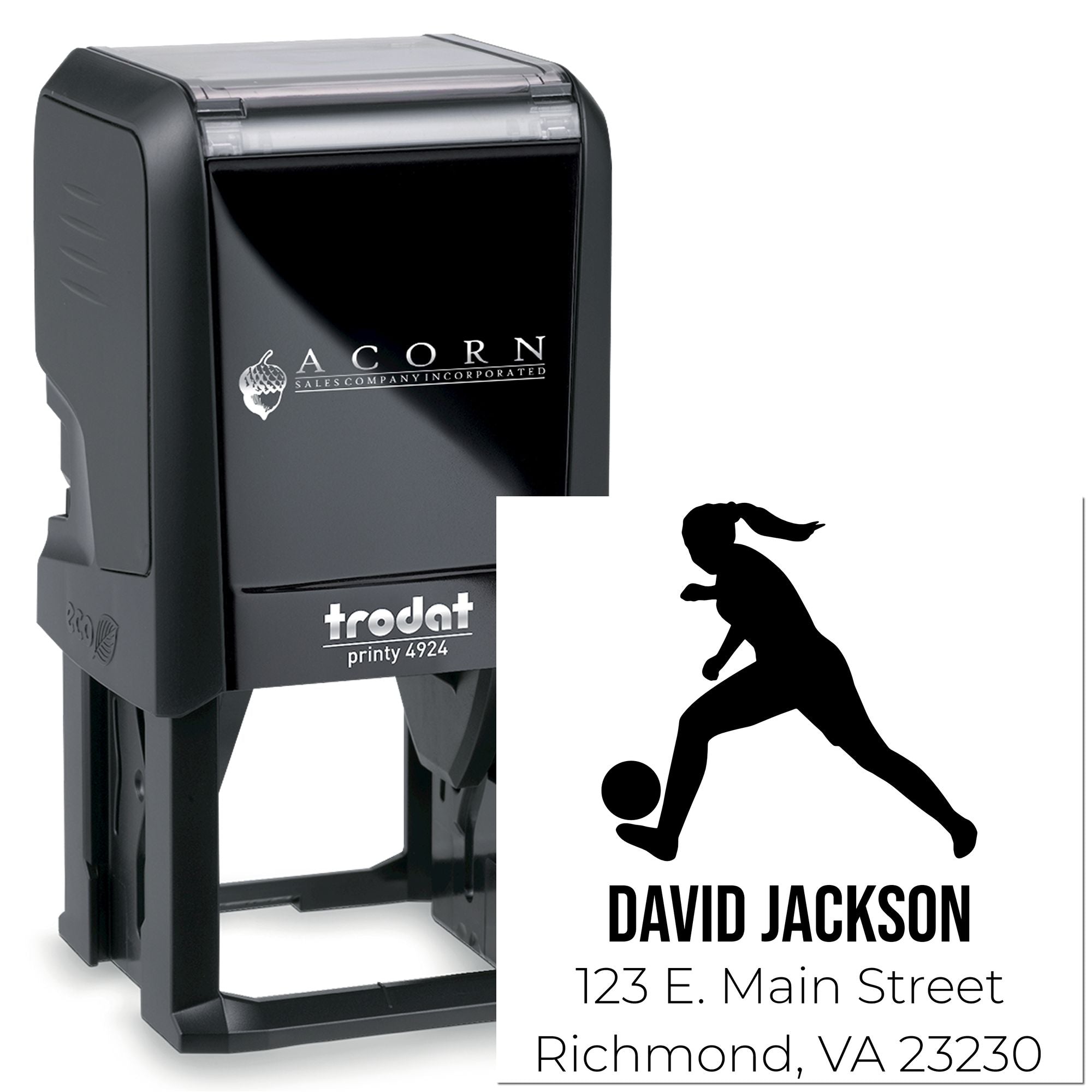 Custom self-inking rubber stamp with soccer player logo, name, and address for personalized business or return mail use.