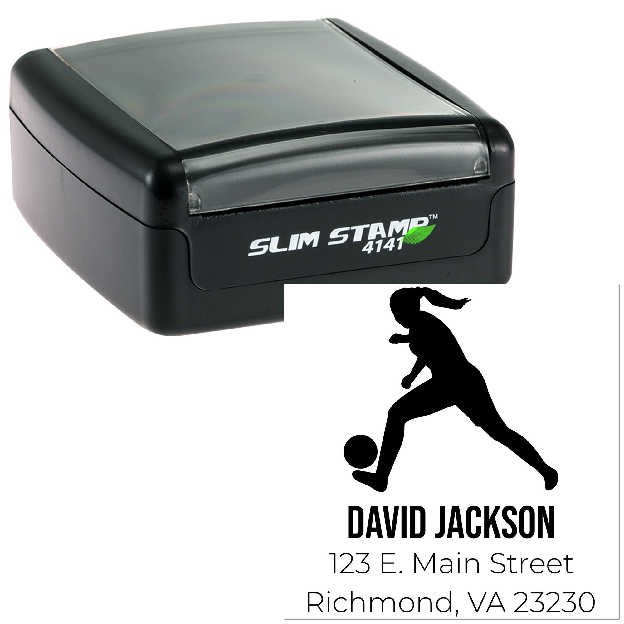 Custom Slim Stamp self-inking rubber stamp with soccer player logo, name, and address imprint