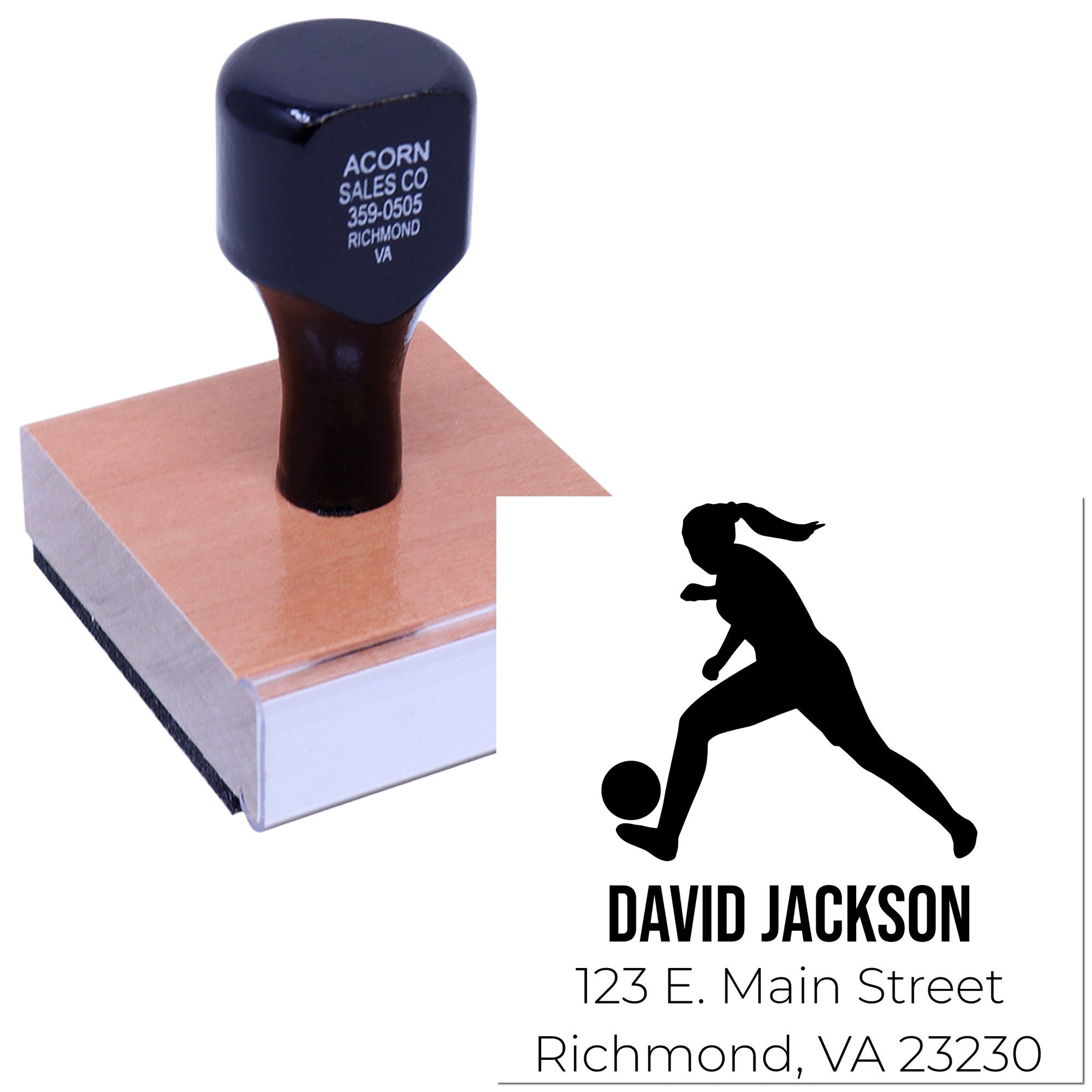 Custom rubber stamp with soccer player logo and personalized return address for mailing and branding.