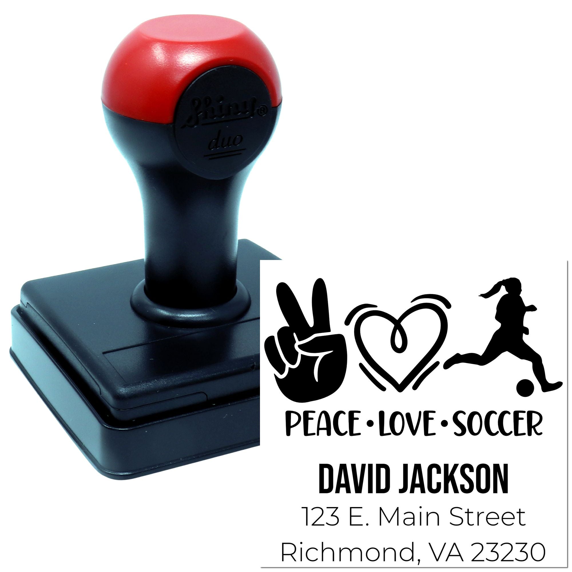Custom self-inking rubber stamp with Peace Love Soccer design and personalized name and address imprint