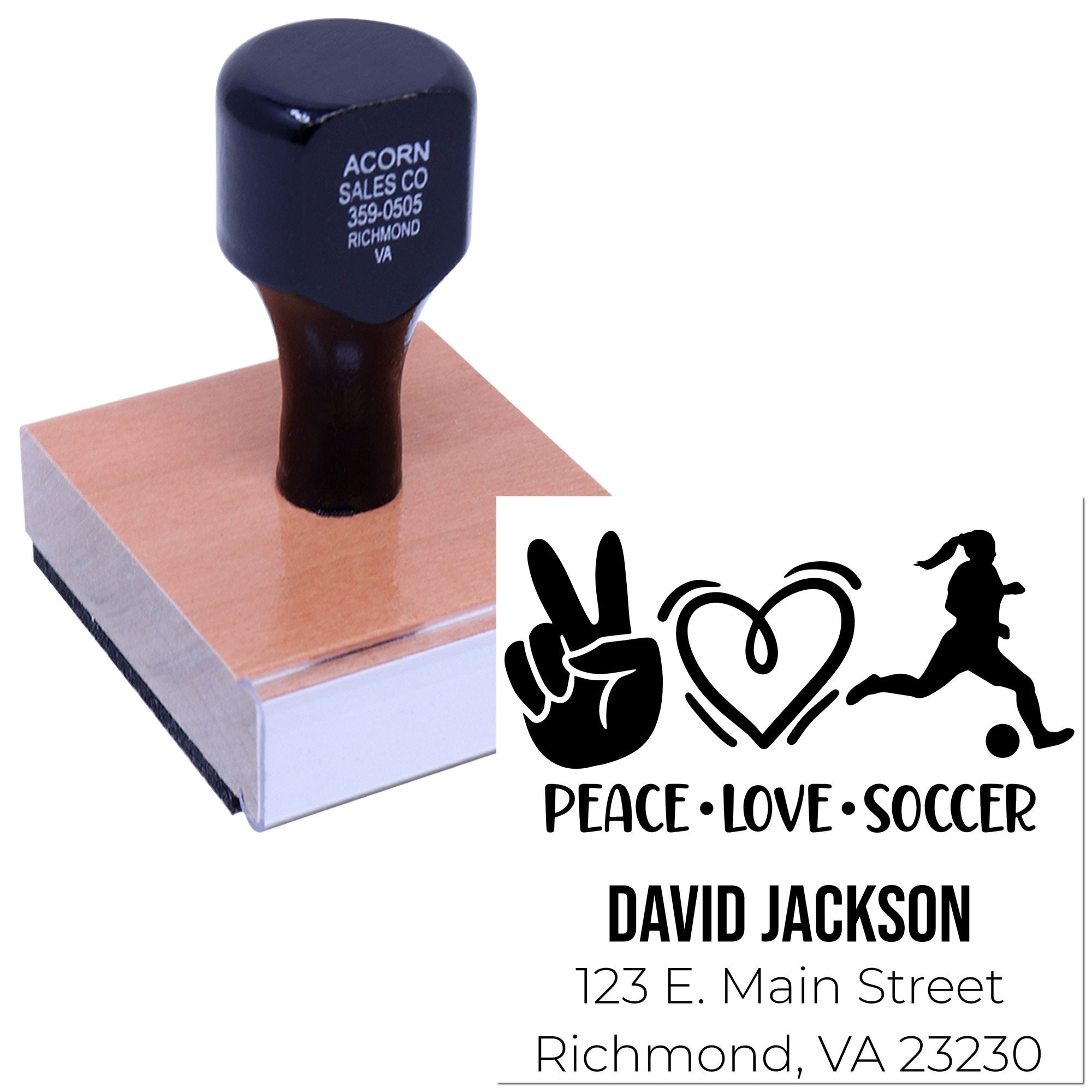 Custom rubber stamp with Peace Love Soccer design, personalized with David Jackson name and Richmond, VA address.