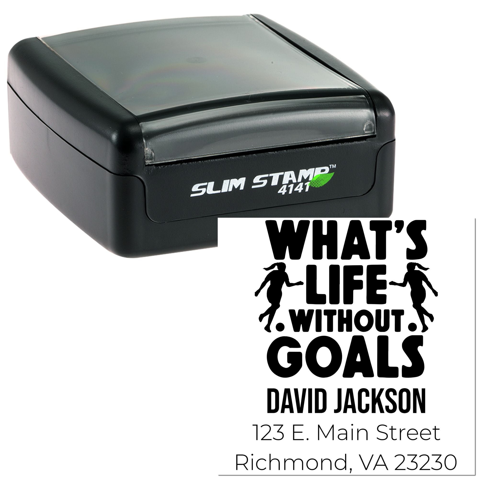 Slim self-inking custom rubber stamp with Whats life without goals design, David Jackson name, and Richmond, VA address.