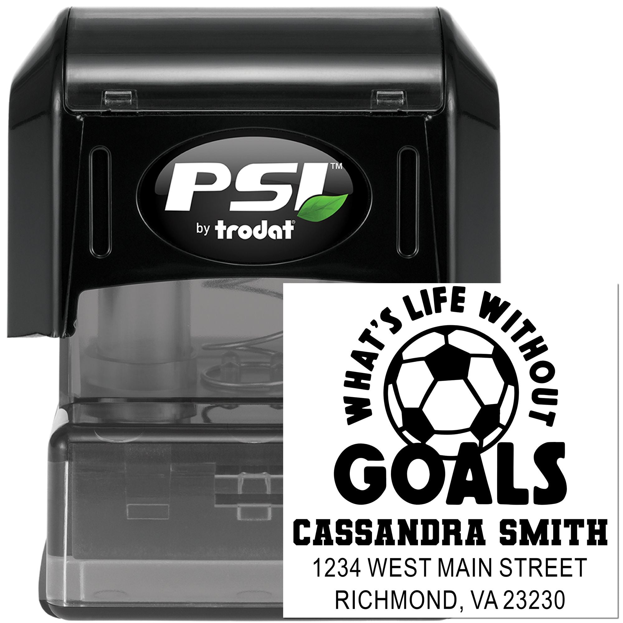Self-inking PSI Trodat custom address rubber stamp with soccer goals logo for return mail and sports branding.