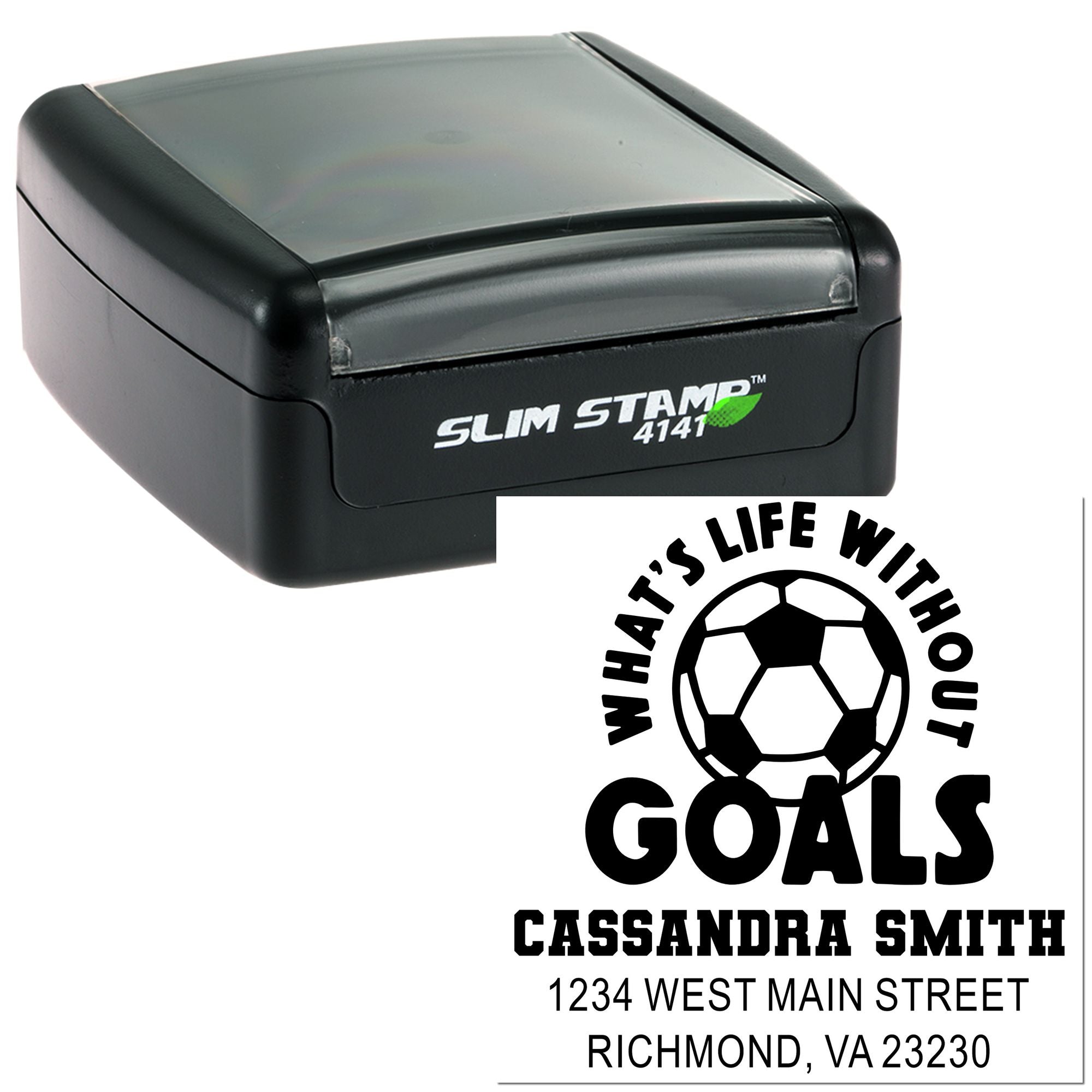 Custom Slim Stamp self-inking rubber stamp with soccer goal design, name and address imprint for personalized stationery.