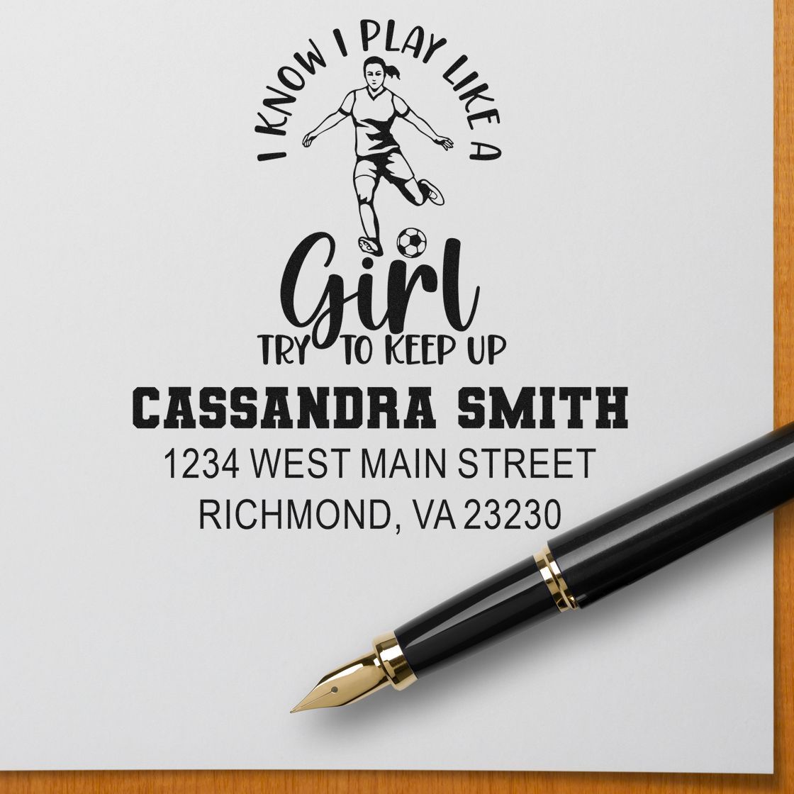 Custom soccer girl rubber stamp with name and address for Cassandra Smith, Richmond, VA.