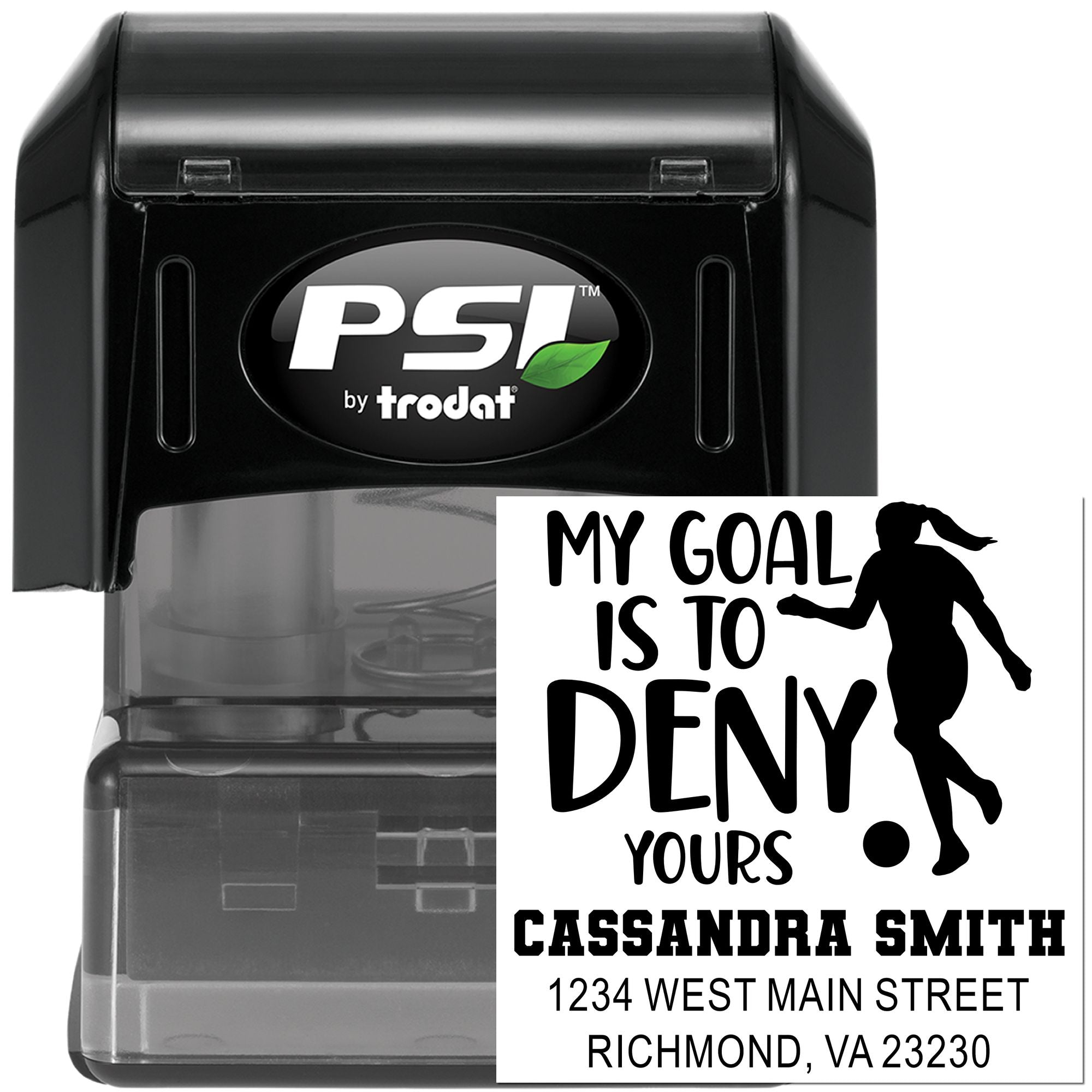 Custom self-inking rubber stamp with soccer goalie design, return address, and My Goal Is to Deny Yours text.