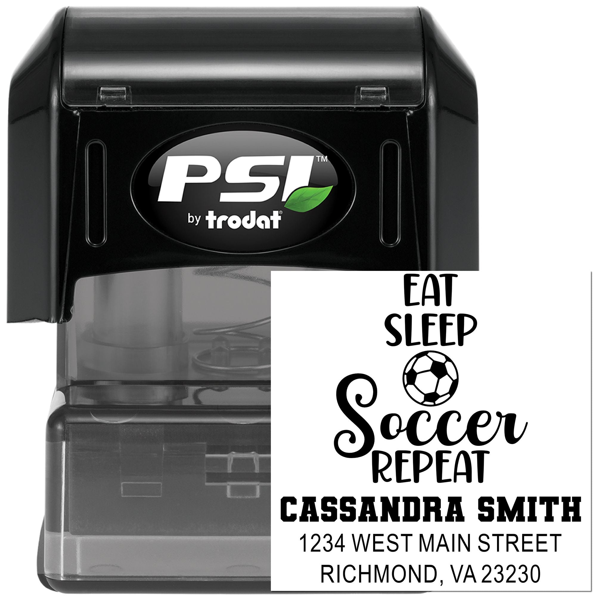 Custom self-inking rubber stamp with soccer design and return address, perfect for personalized family mail and stationery.