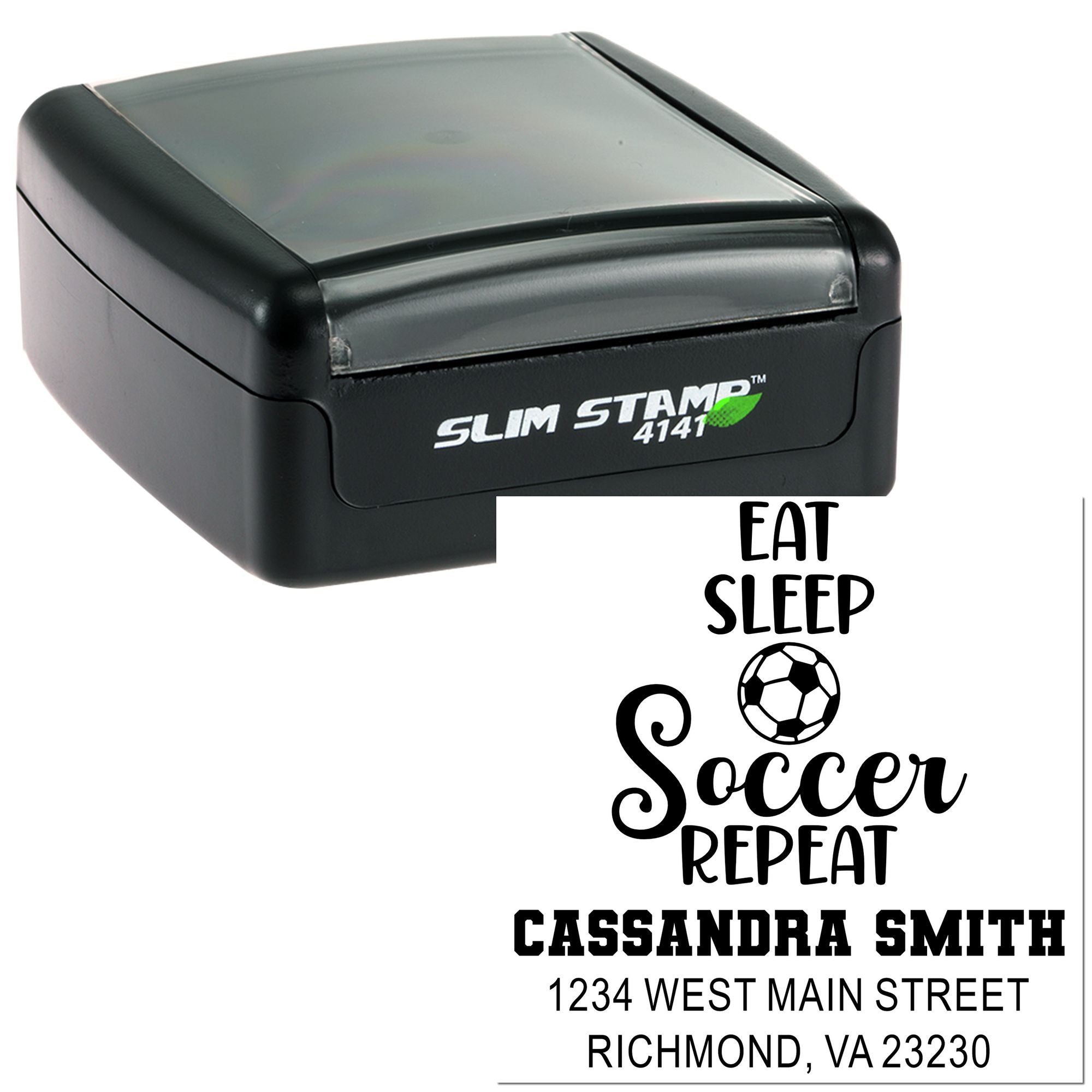 Personalized self-inking rubber stamp with soccer Eat Sleep Repeat design, name, and address for custom mailing.