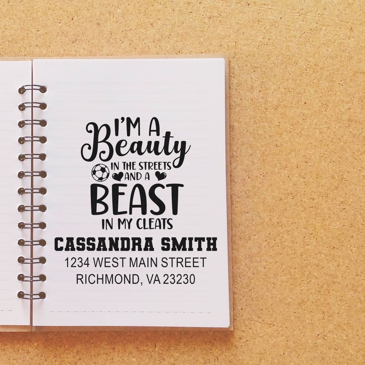 Personalized soccer mom rubber stamp design with Im a beauty in the streets and a beast in my cleats and custom name/address.