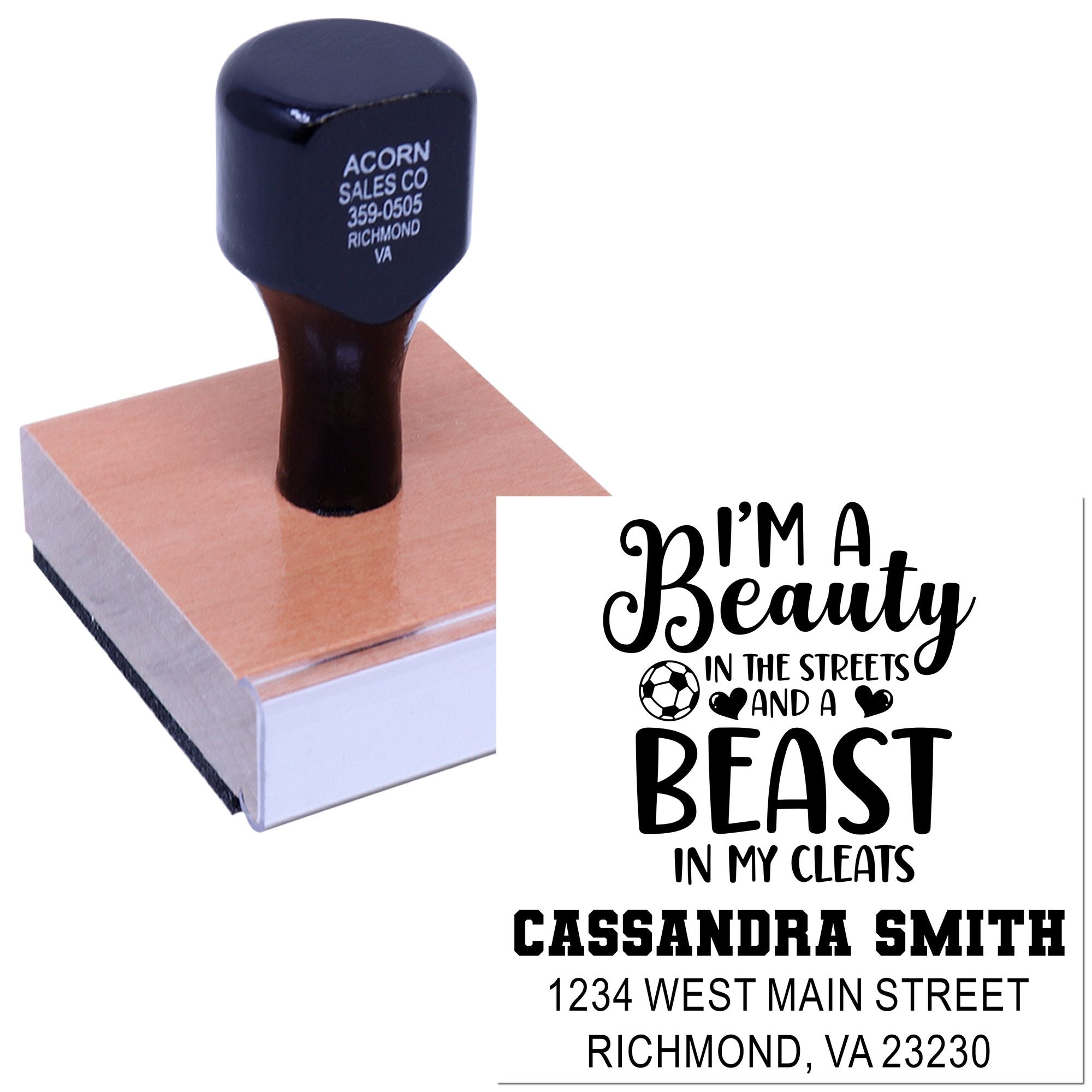Custom rubber stamp with soccer quote, name, and address for personalized sports-themed branding and gifts.