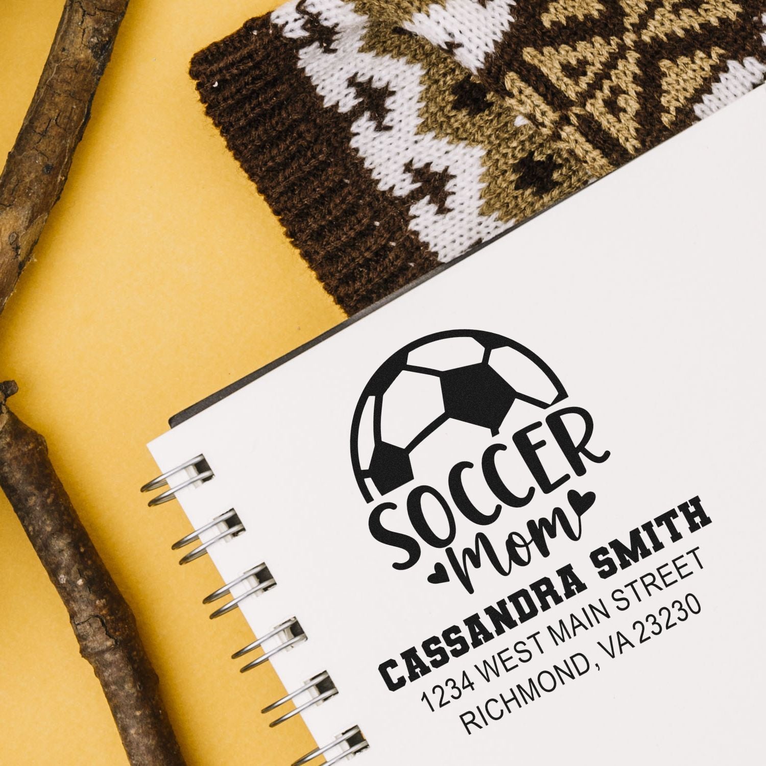 Custom rubber stamp mockup with Soccer Mom return address design for personalized mailing and stationery.