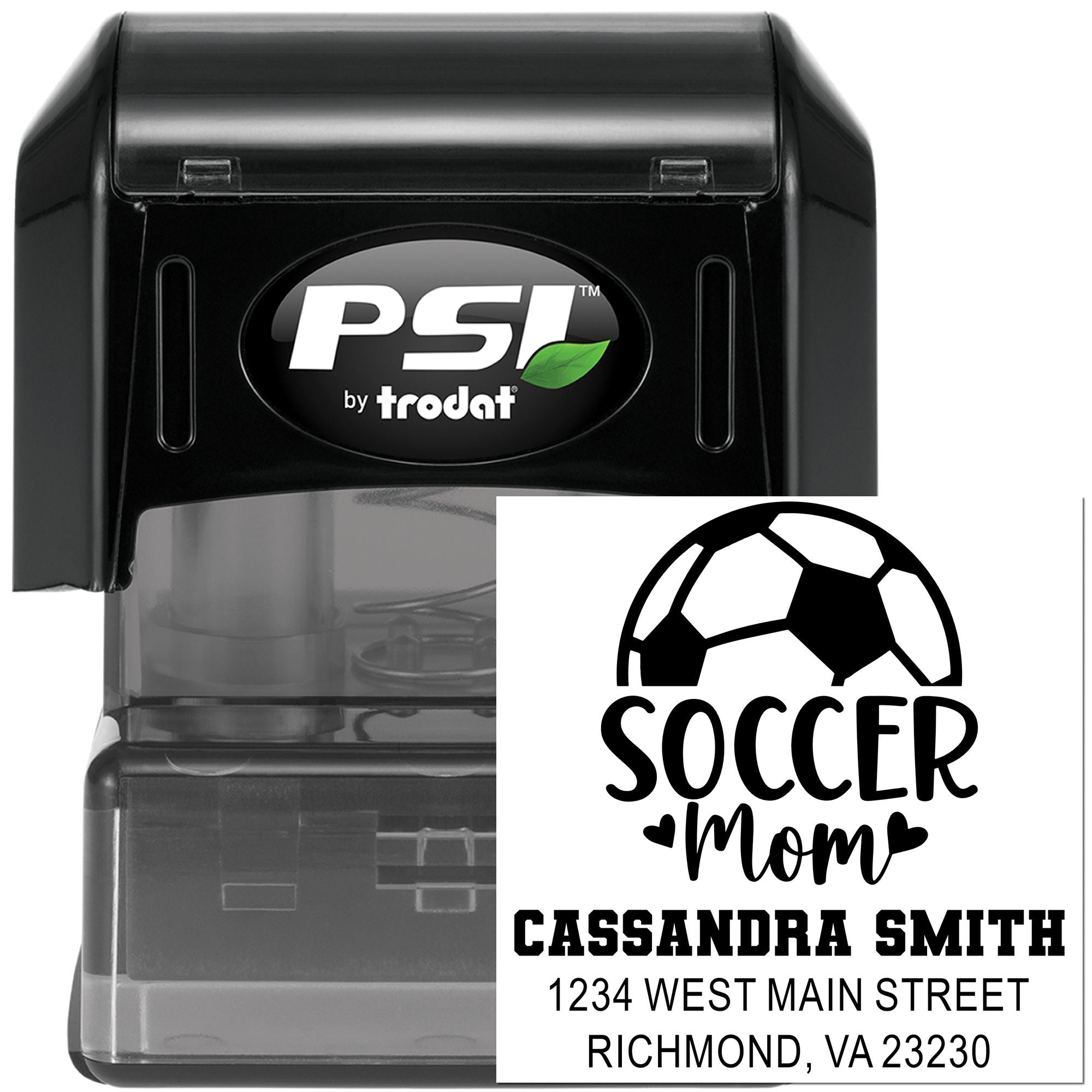 Custom soccer mom self-inking rubber stamp with name and address, PSI by Trodat personalized return address stamp.