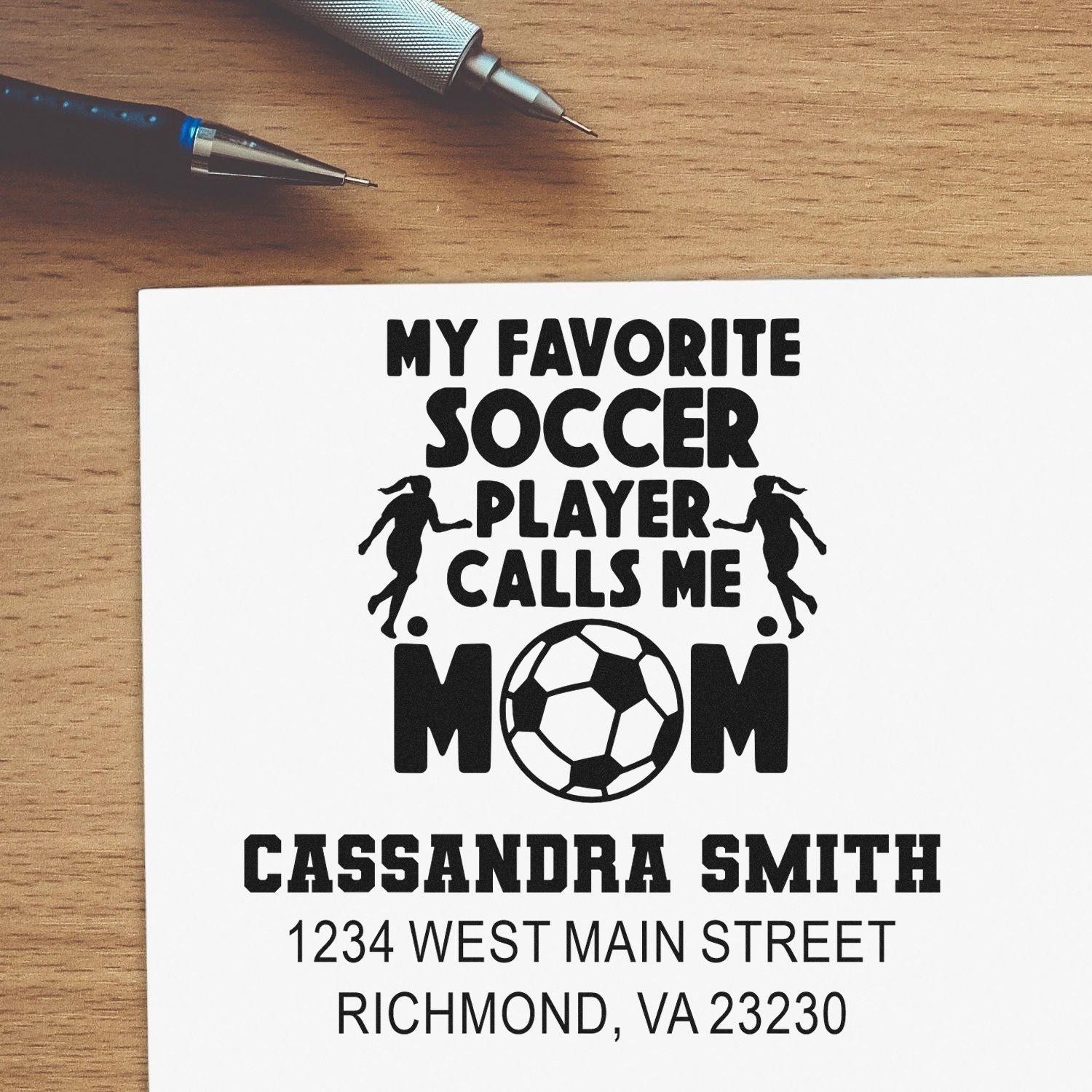 Personalized return address rubber stamp for soccer moms, featuring My favorite soccer player calls me mom with custom name and address.