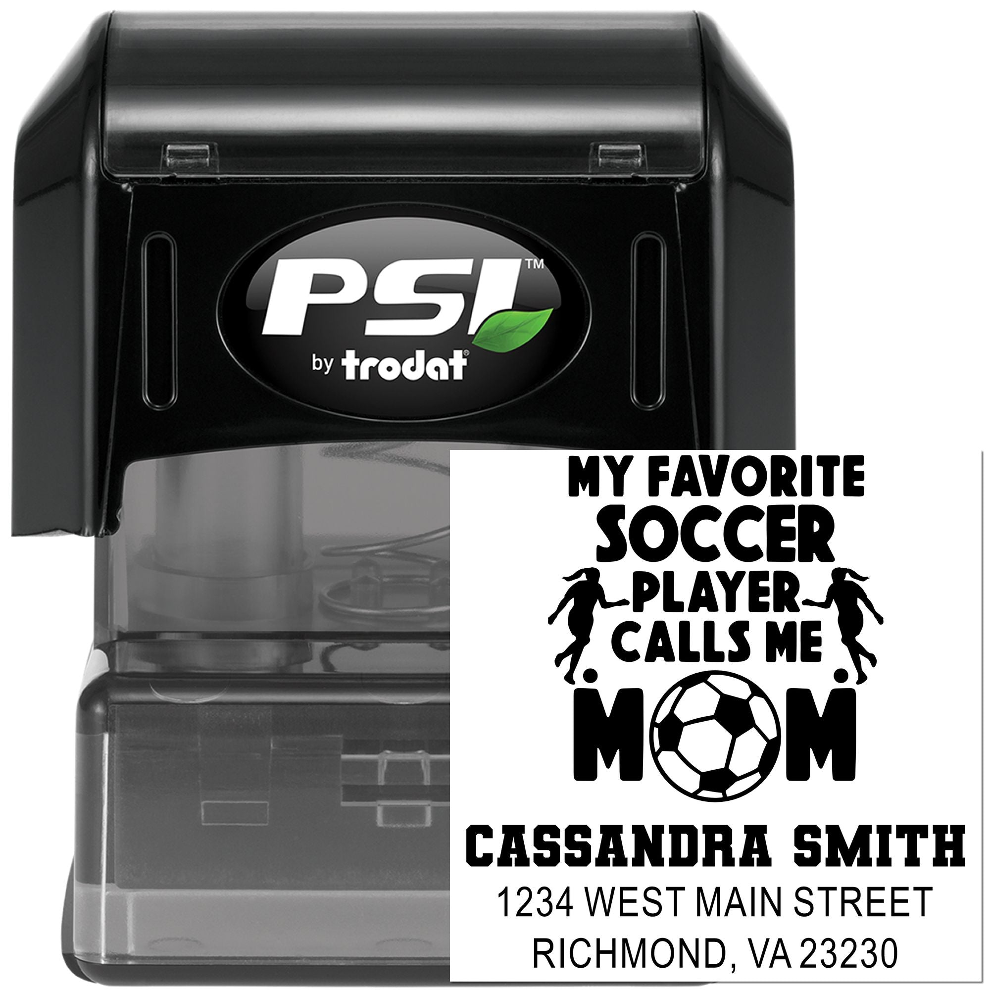 Personalized self-inking rubber address stamp for soccer moms, featuring My Favorite Soccer Player Calls Me Mom design.