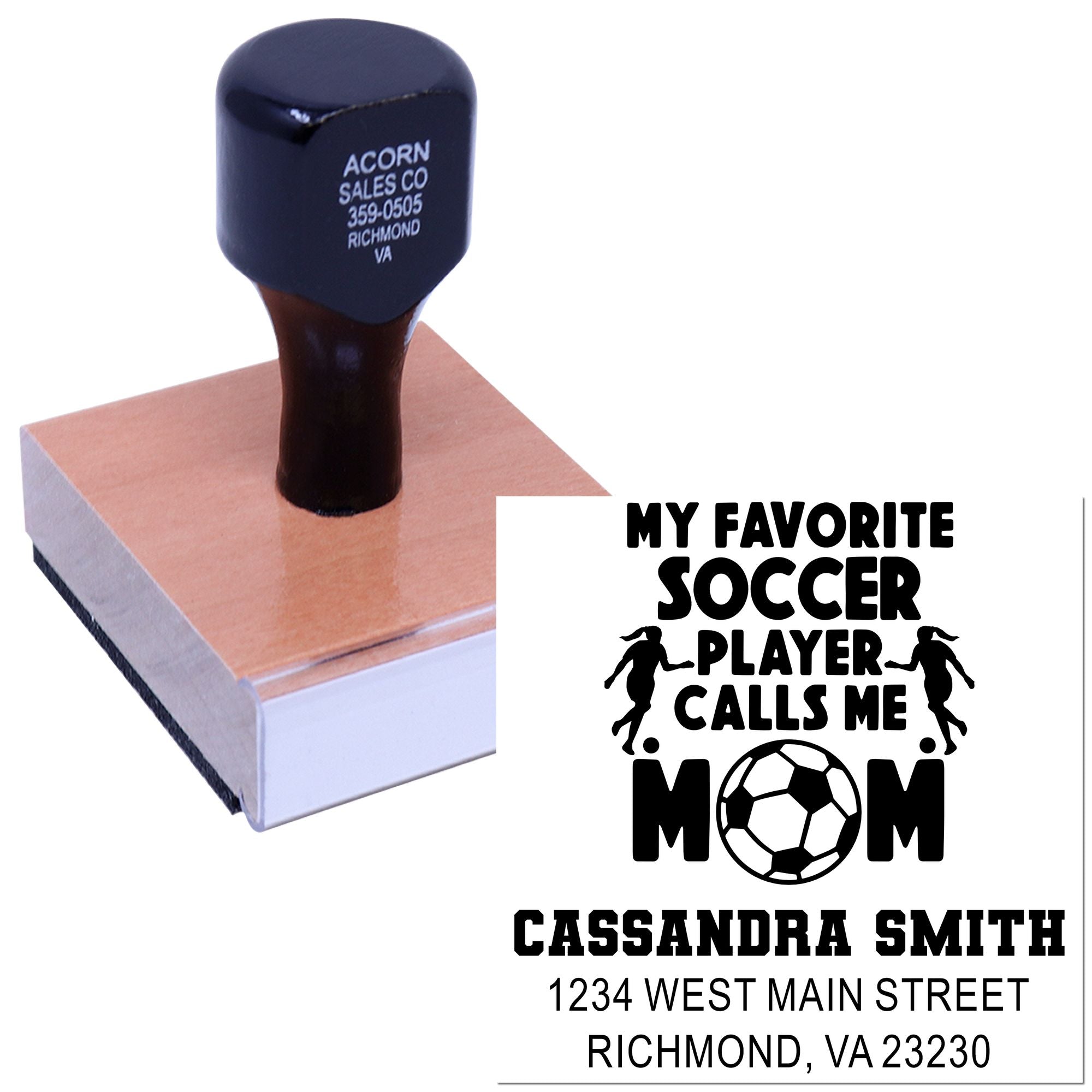 Personalized soccer mom rubber stamp with name and address, ideal for custom mailings, crafts, and business branding.