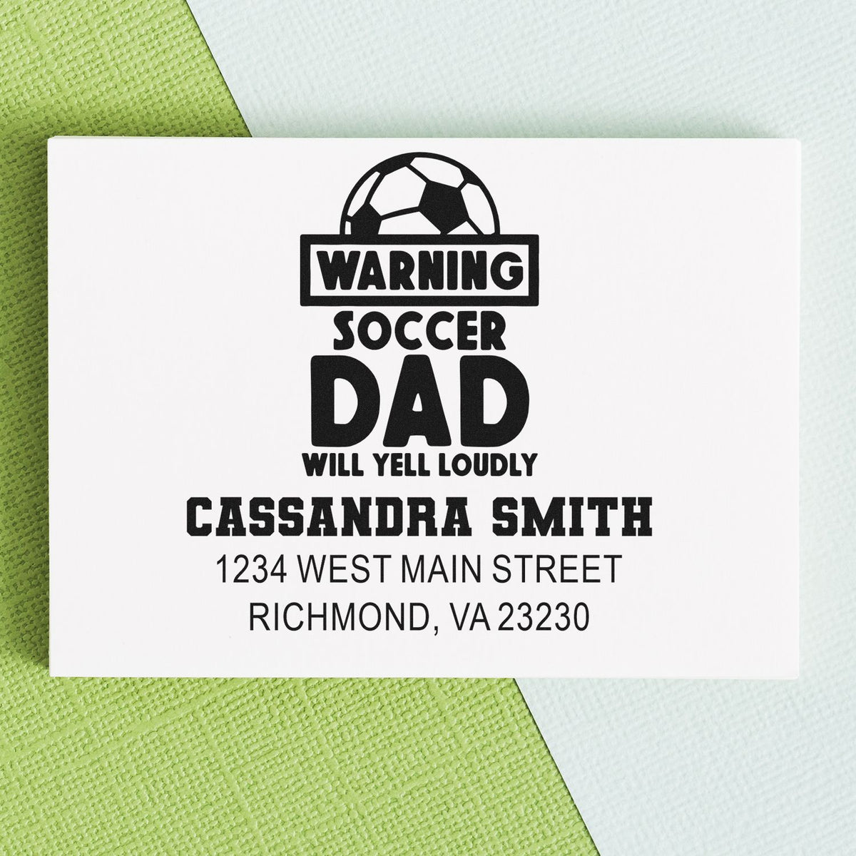 Custom soccer dad rubber stamp with warning design, personalized name and address for sports family mail and gifts.