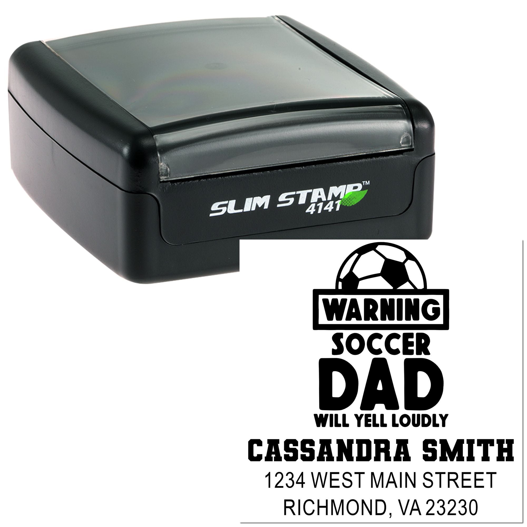 Custom Slim Stamp 4141 self-inking rubber stamp with Soccer Dad warning design and personalized name and address.