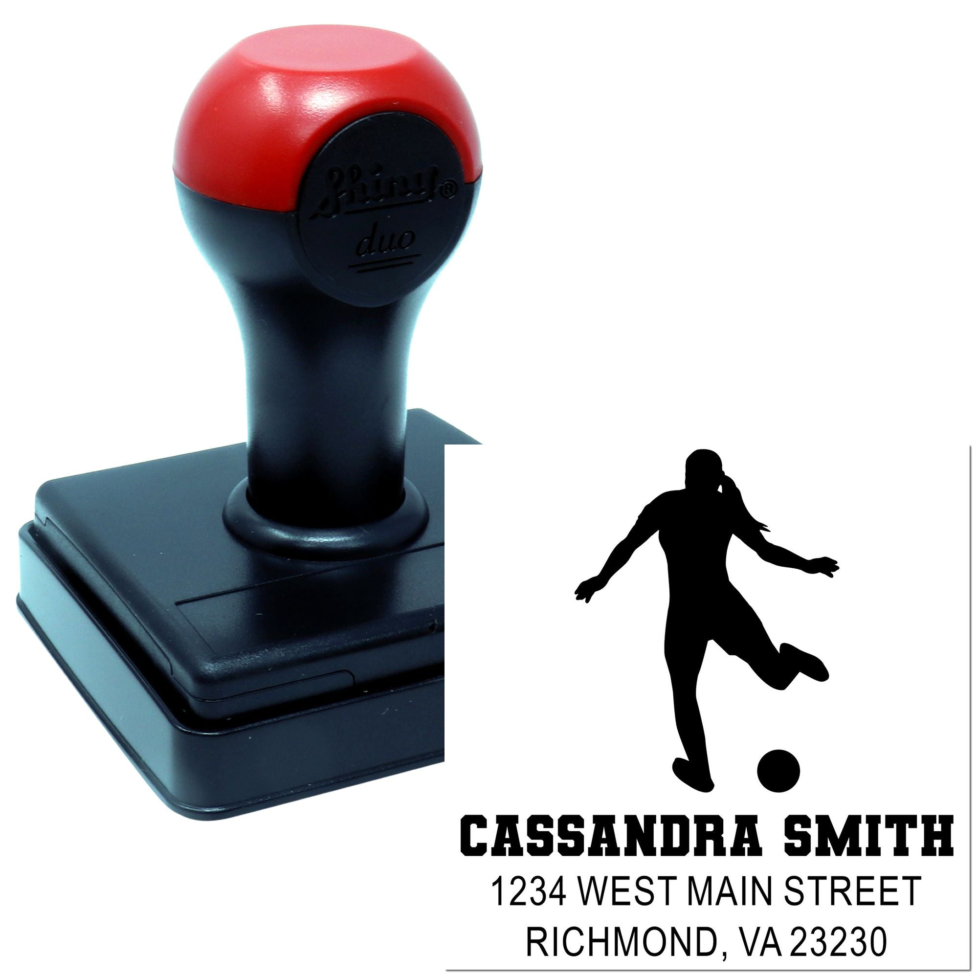 Custom self-inking rubber address stamp with soccer player logo, name, and address for personalized branding.