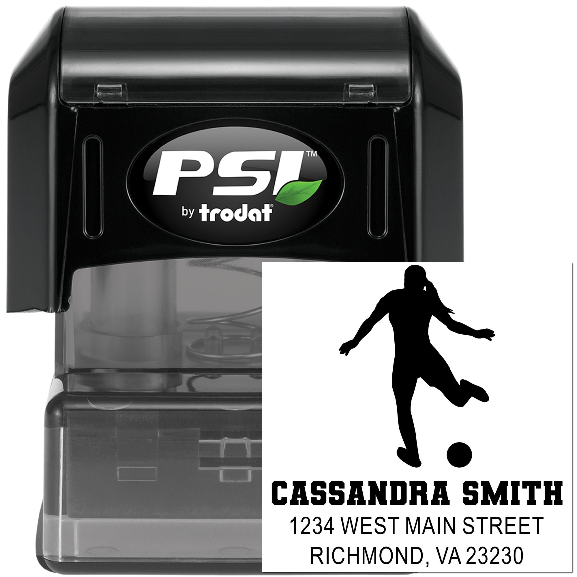 PSI by Trodat self-inking custom address rubber stamp with soccer player design and name, street, city, and ZIP imprint.