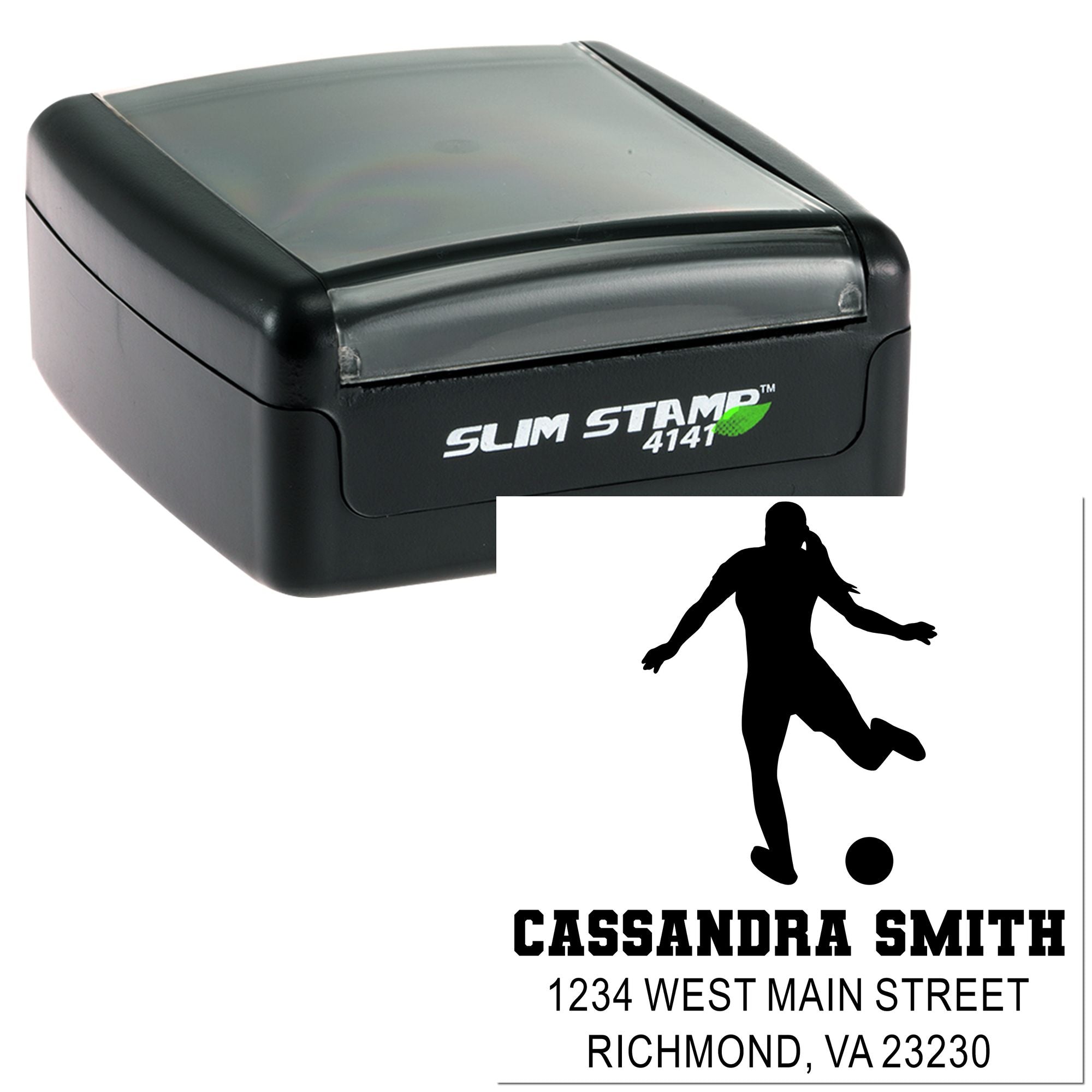 Custom self-inking address stamp for Cassandra Smith with soccer player graphic, Richmond, VA 23230.
