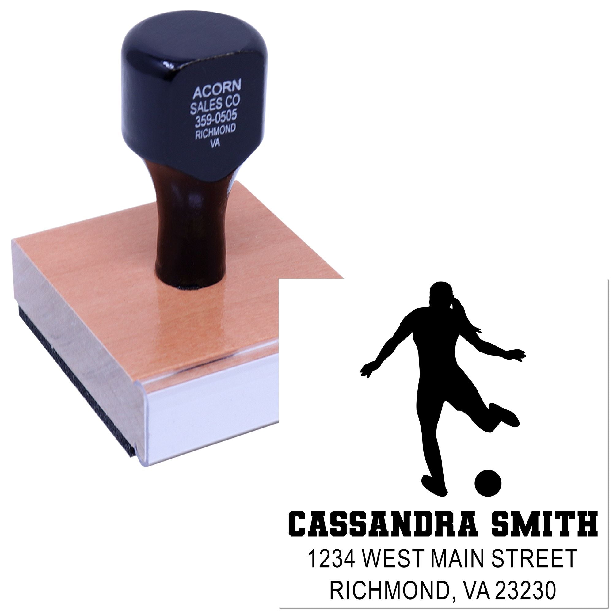 Custom soccer rubber stamp with personalized name, street address, and Richmond, VA return address for mailing and branding.