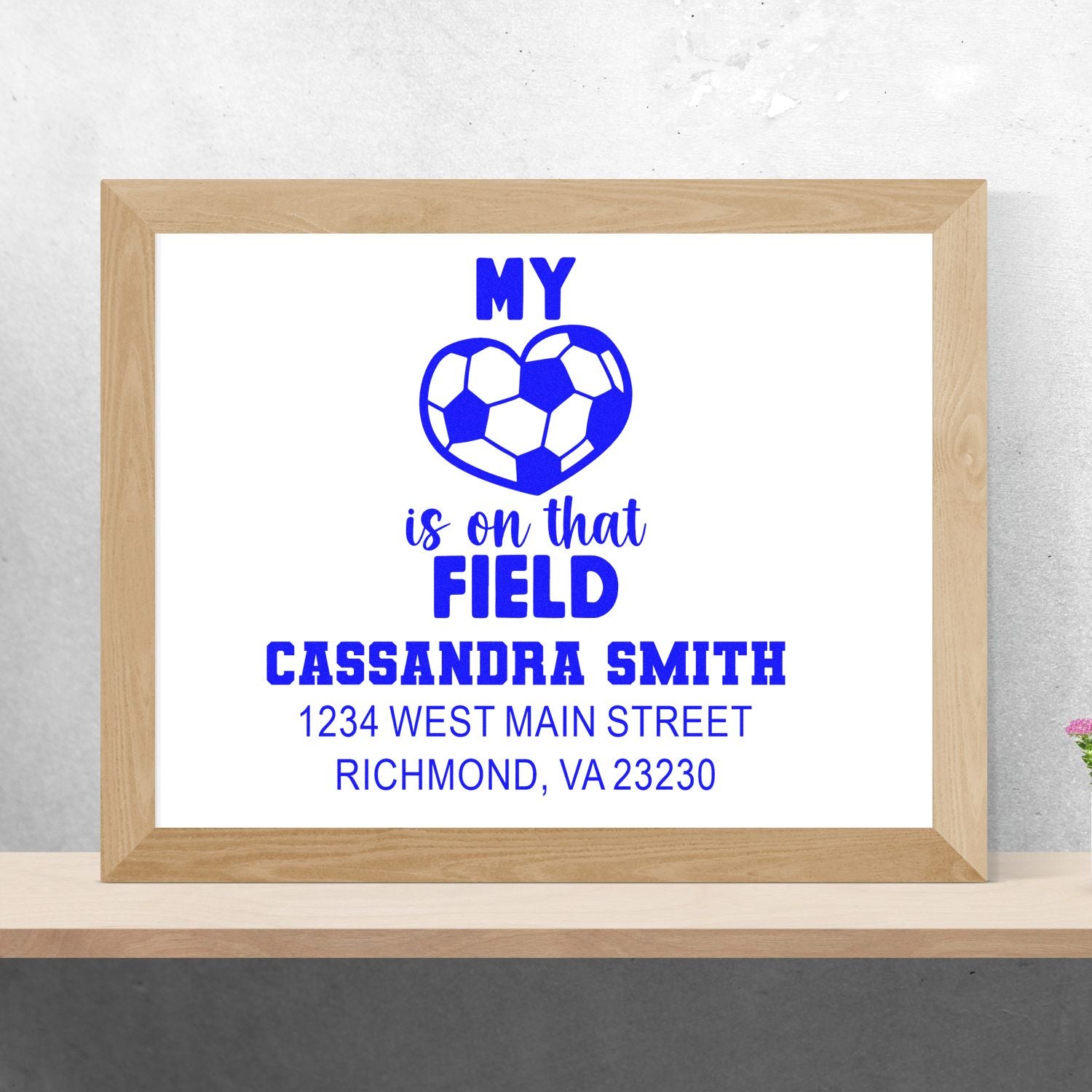 Custom soccer coach rubber stamp with My heart is on that field and personalized name, address, and city.