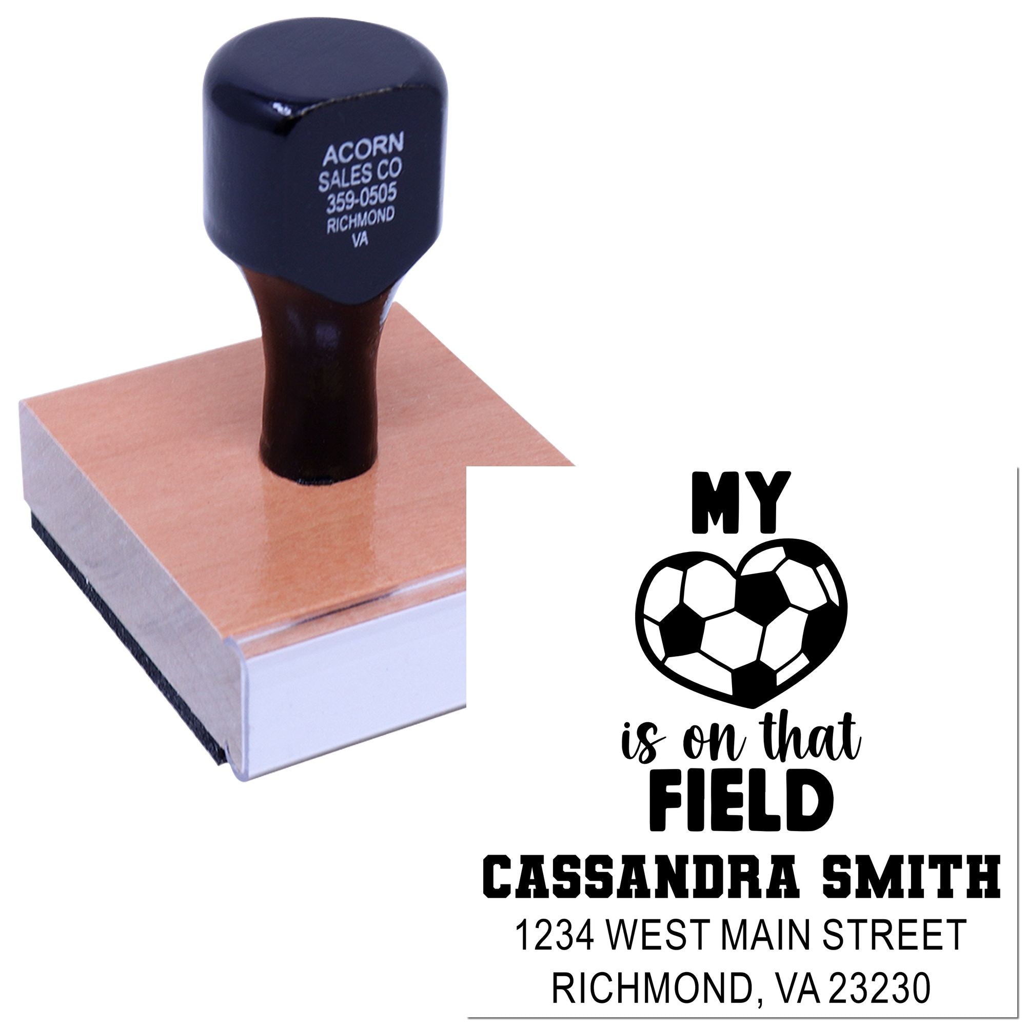 Custom rubber stamp with soccer field design and personalized name and address imprint for sports teams and field events.