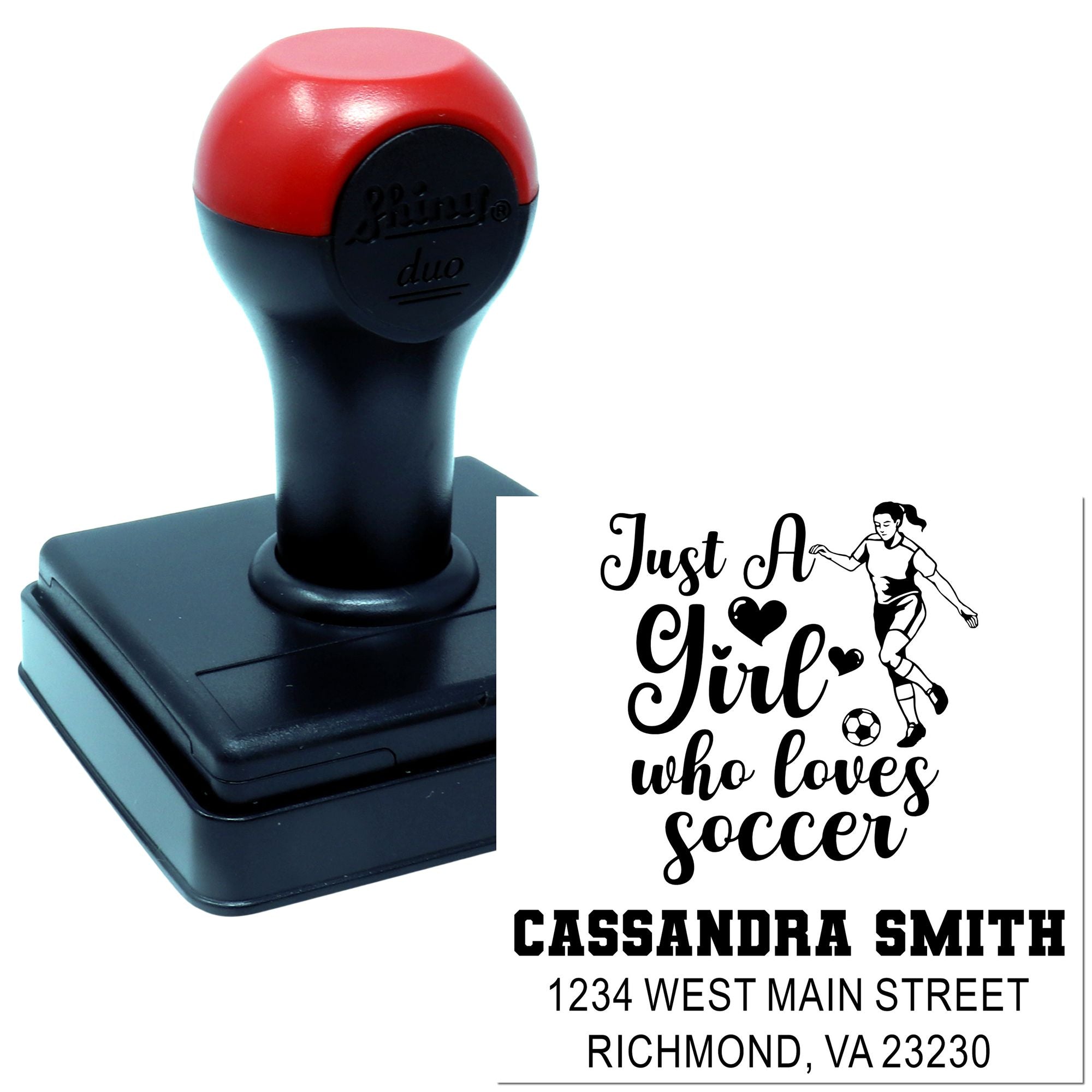 Custom self-inking rubber stamp with soccer girl design, name, and address for personalized mail and stationery.
