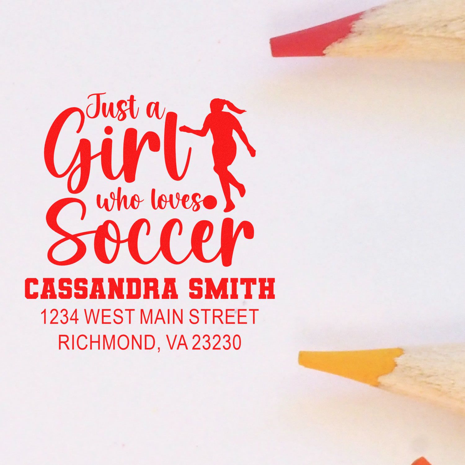 Personalized rubber stamp design for a girl who loves soccer, with name and address for custom mailing or stationery use.